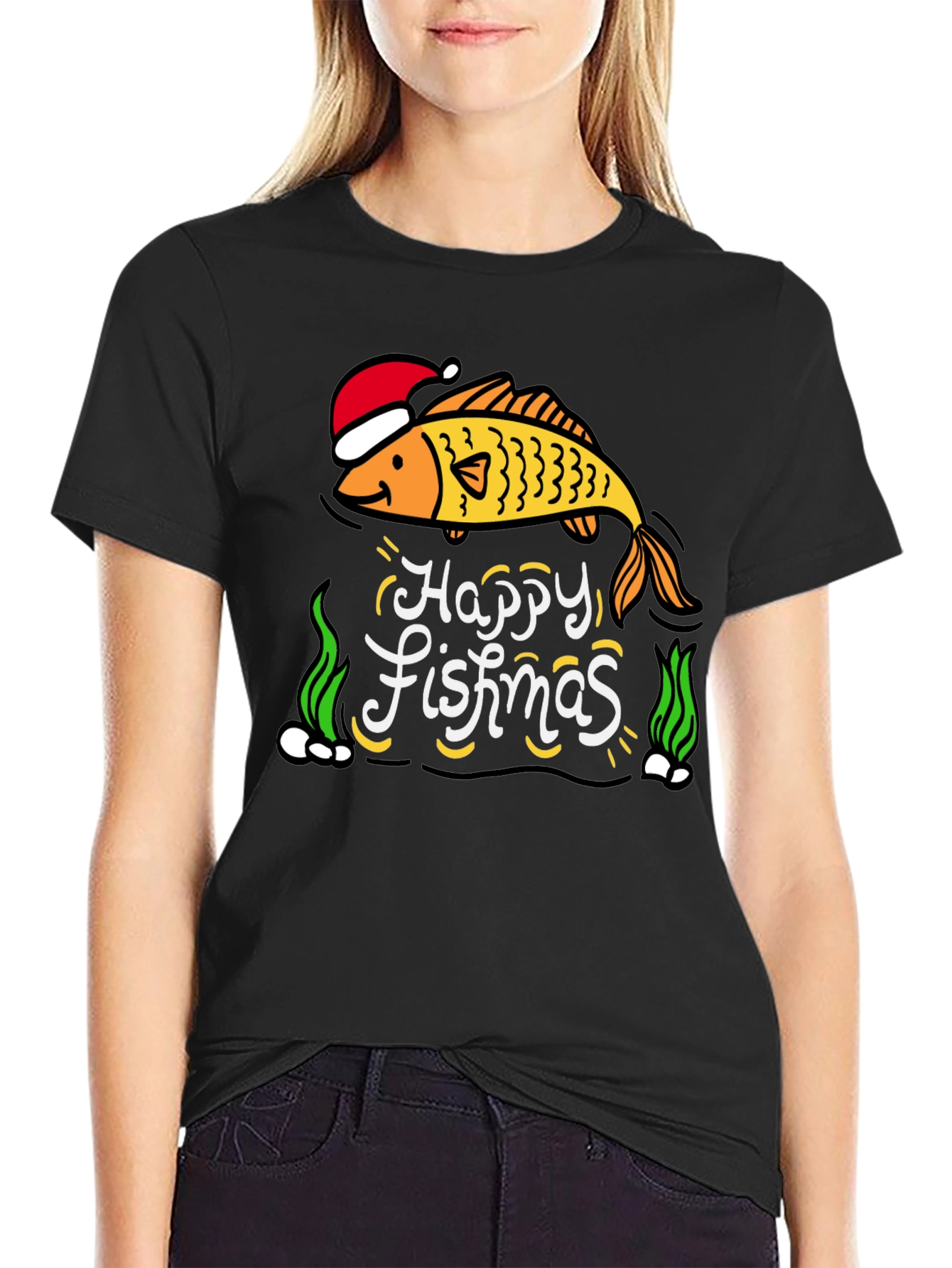 Camiseta Negra Navideña con Diseño de Pez Happy Fishmas