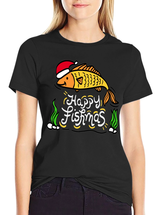 Camiseta Negra Navideña con Diseño de Pez Happy Fishmas