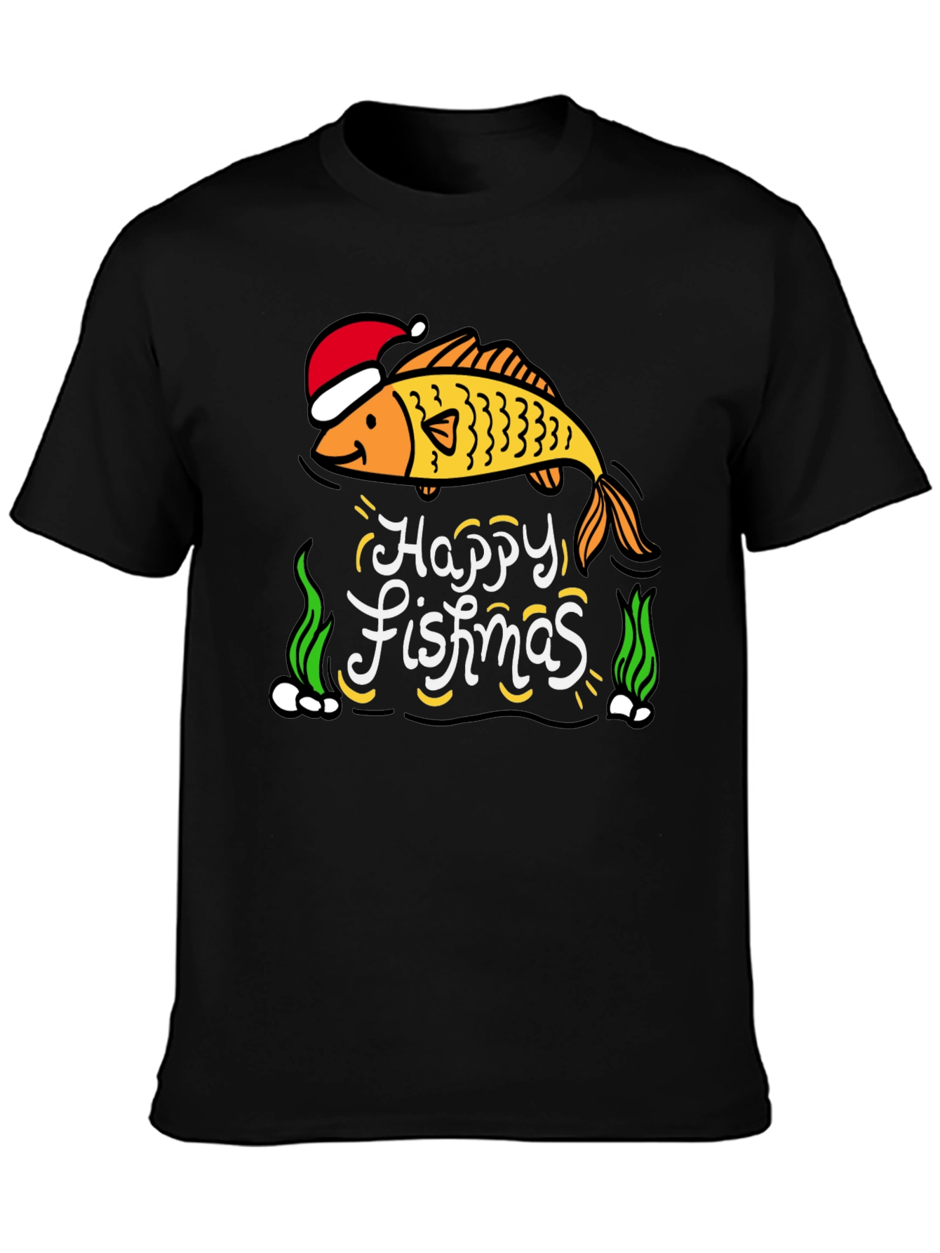 Camiseta Negra Navideña con Diseño de Pez Happy Fishmas