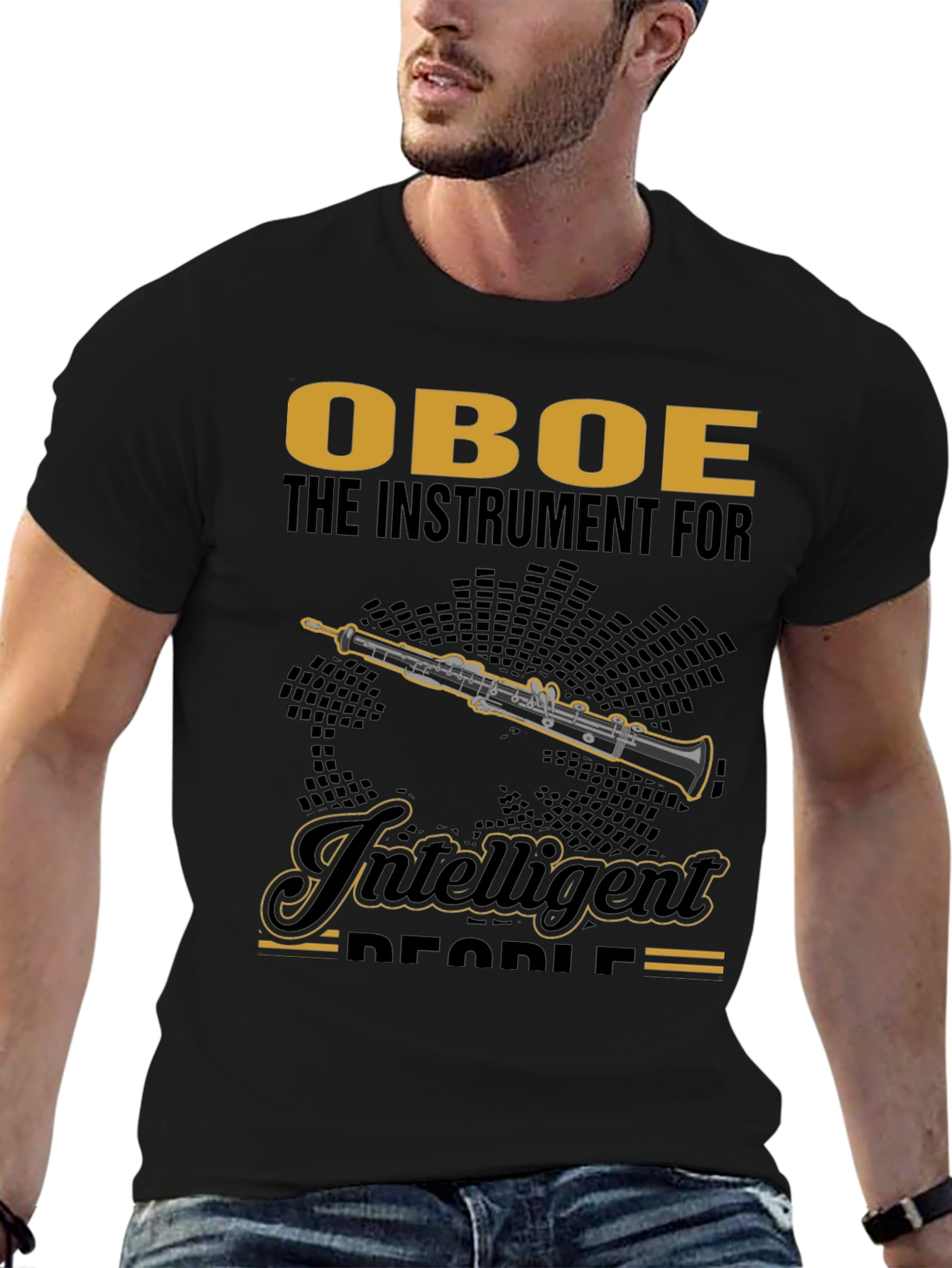 Camiseta Negra con Diseño de Oboe para Músicos Inteligentes