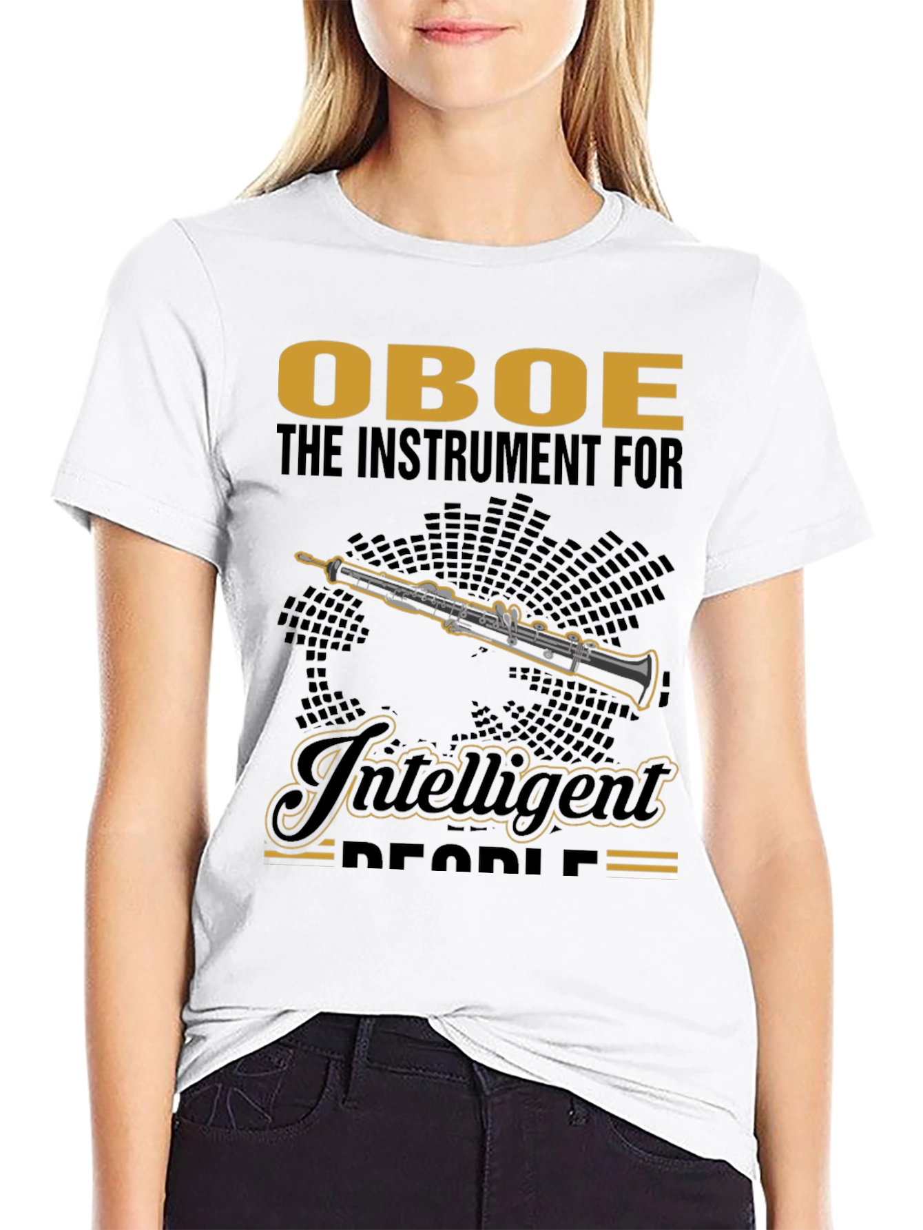 Camiseta Negra con Diseño de Oboe para Músicos Inteligentes