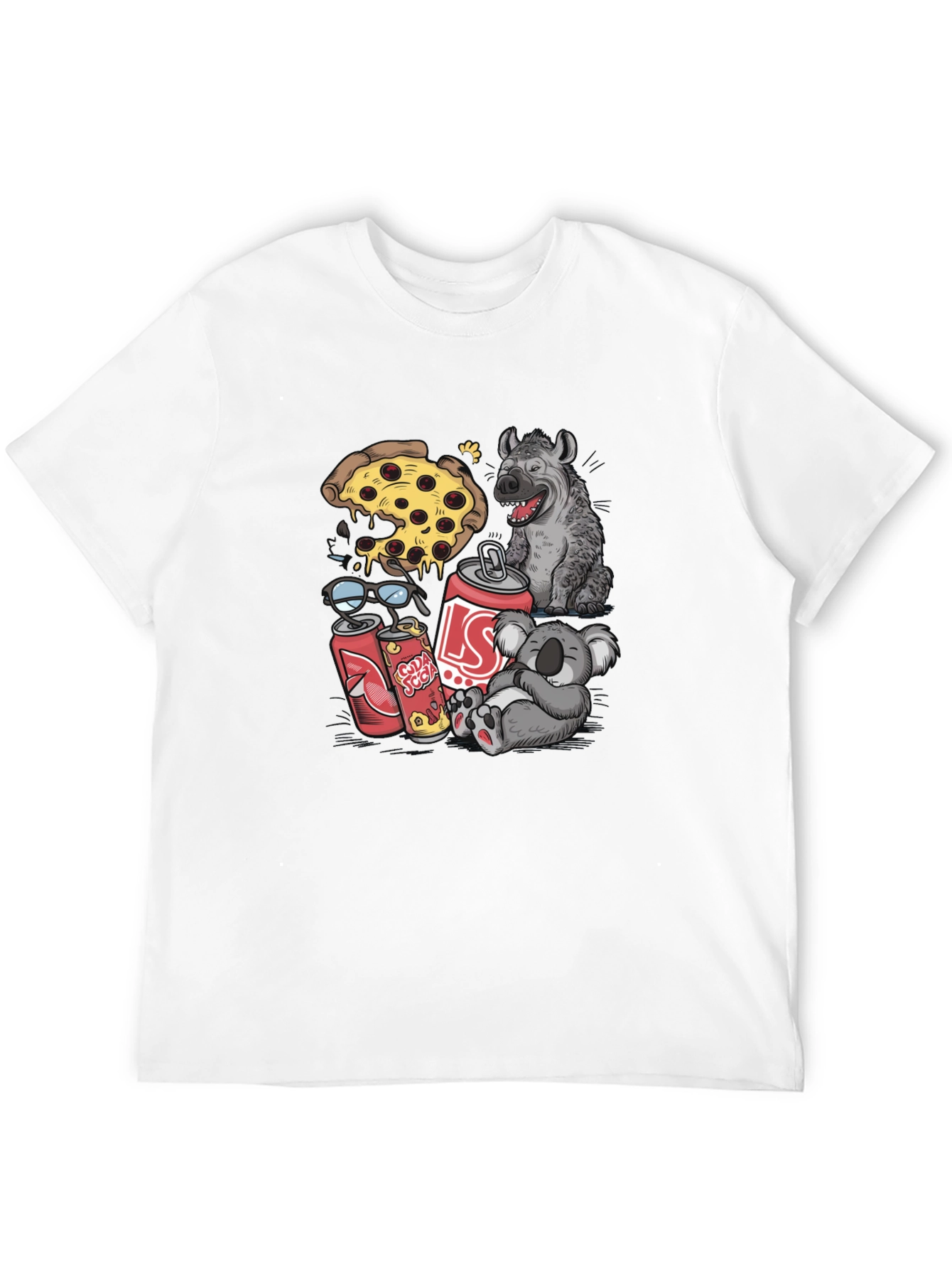 Camiseta Negra Estampada: Pizza Hiena Koala Soda
