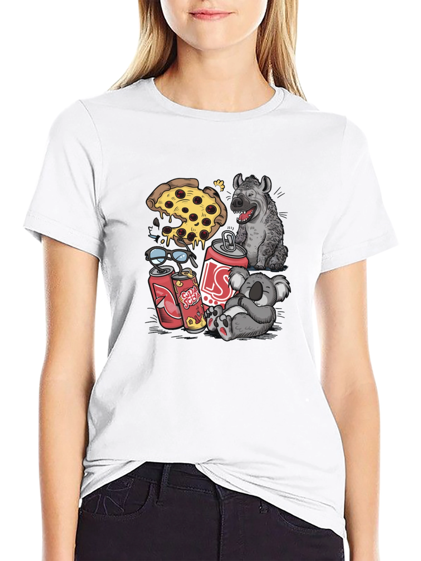 Camiseta Negra Estampada: Pizza Hiena Koala Soda