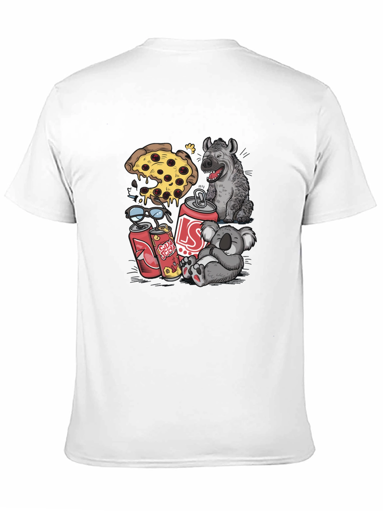 Camiseta Negra Estampada: Pizza Hiena Koala Soda