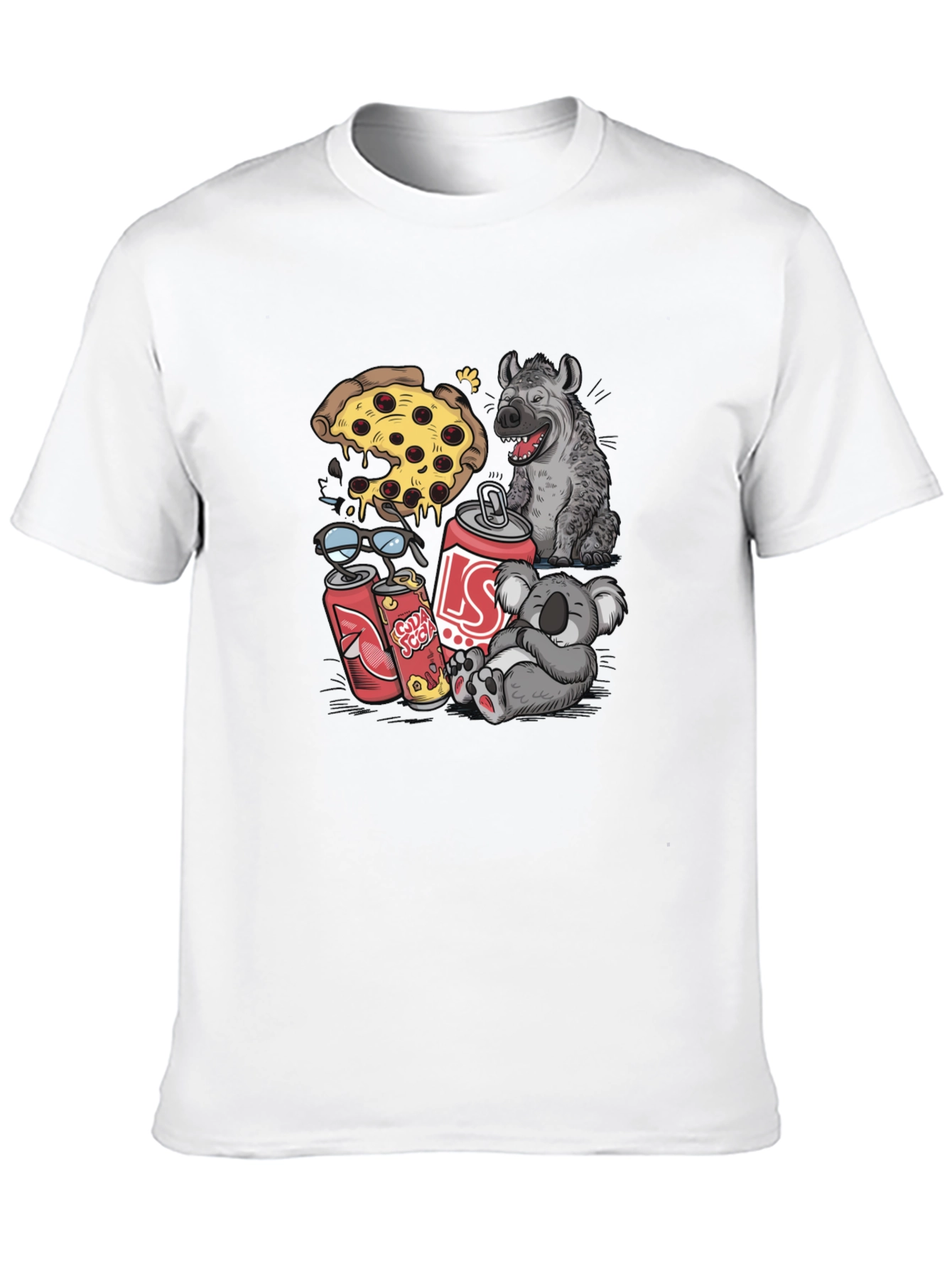 Camiseta Negra Estampada: Pizza Hiena Koala Soda