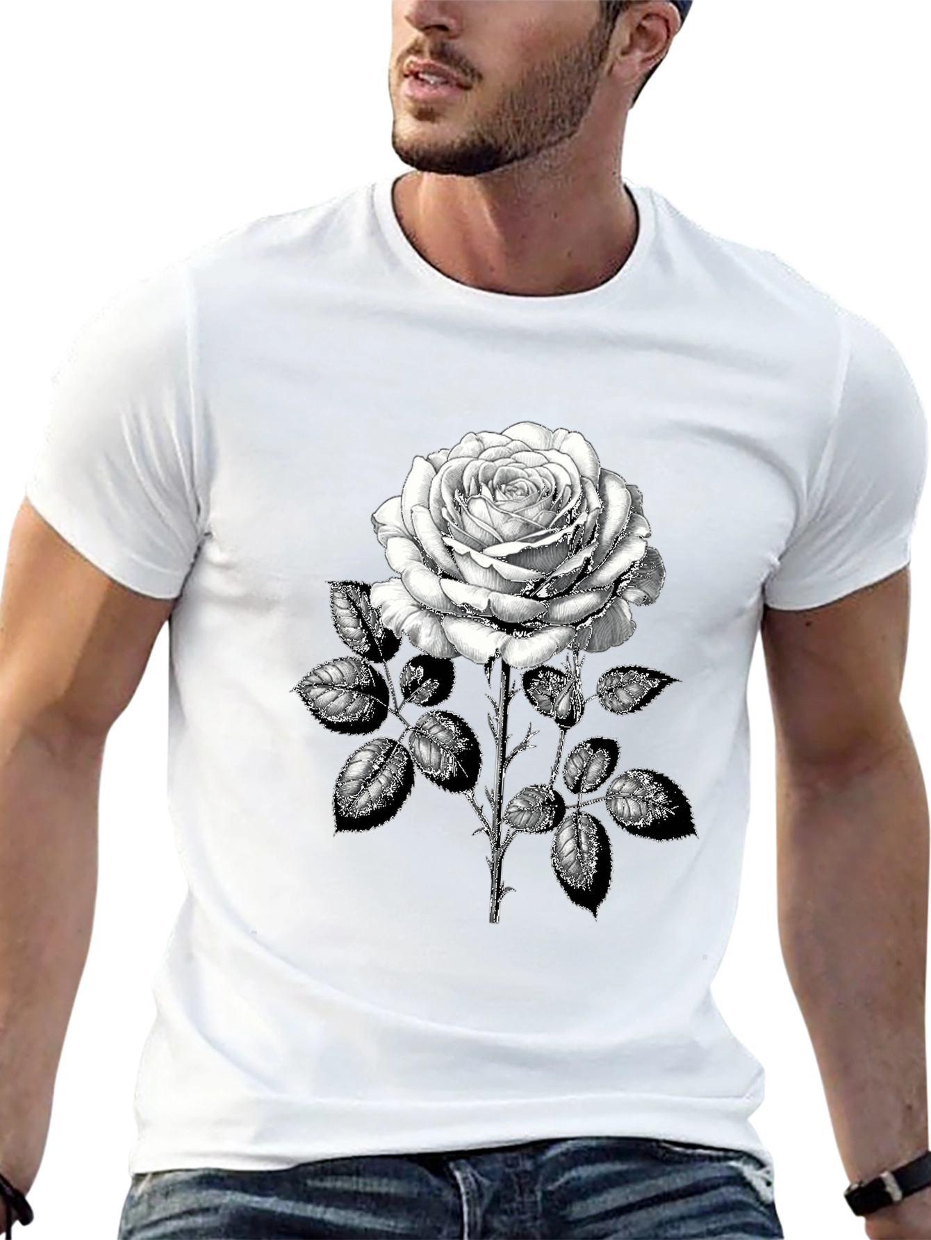 Camiseta Negra con Rosa Blanca Estampada