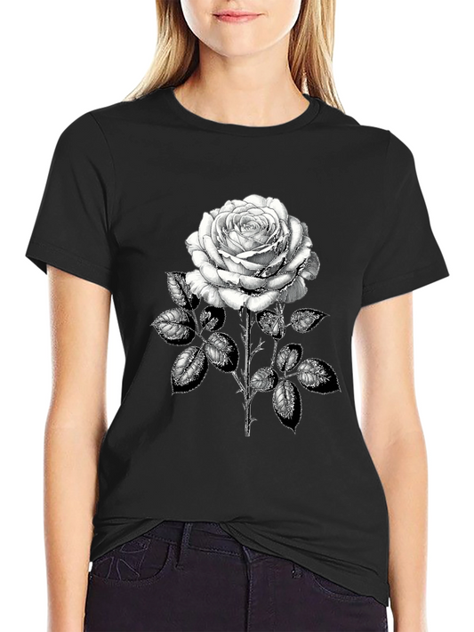 Camiseta Negra con Rosa Blanca Estampada