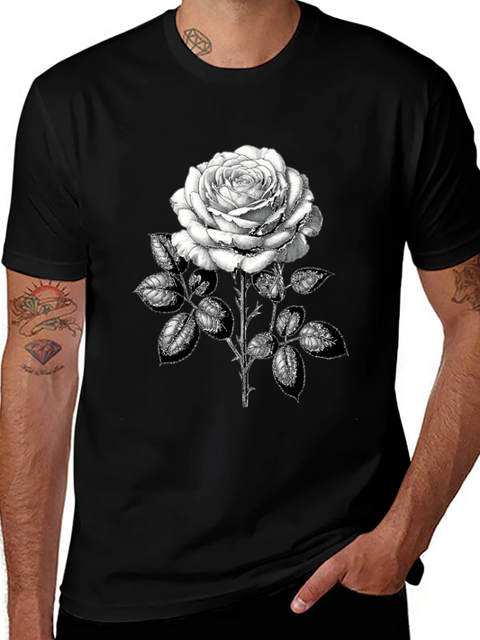 Camiseta Negra con Rosa Blanca Estampada