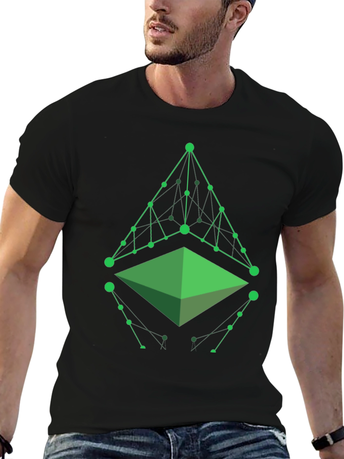 Camiseta Hombre Negra con Diseño Geométrico Verde