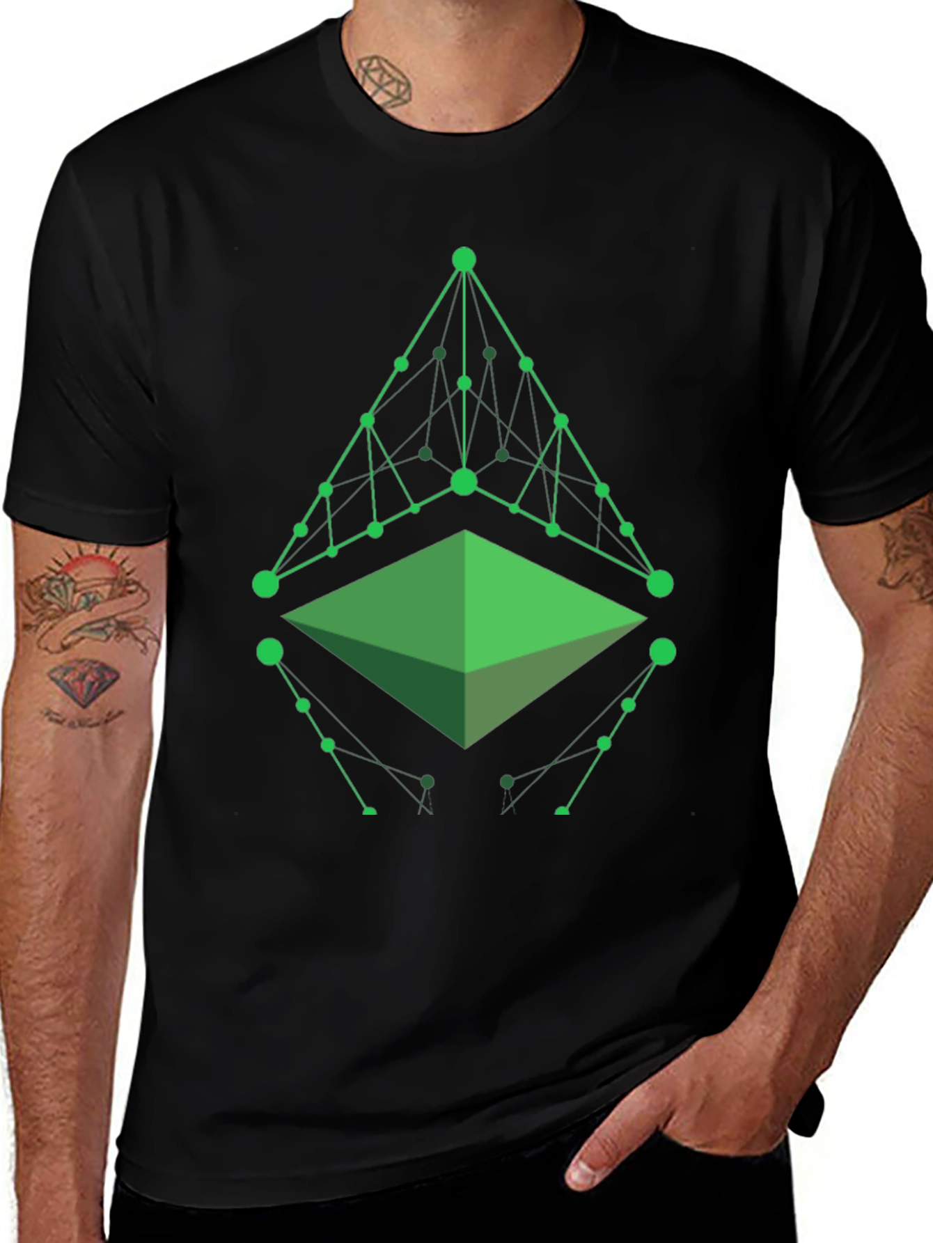 Camiseta Hombre Negra con Diseño Geométrico Verde