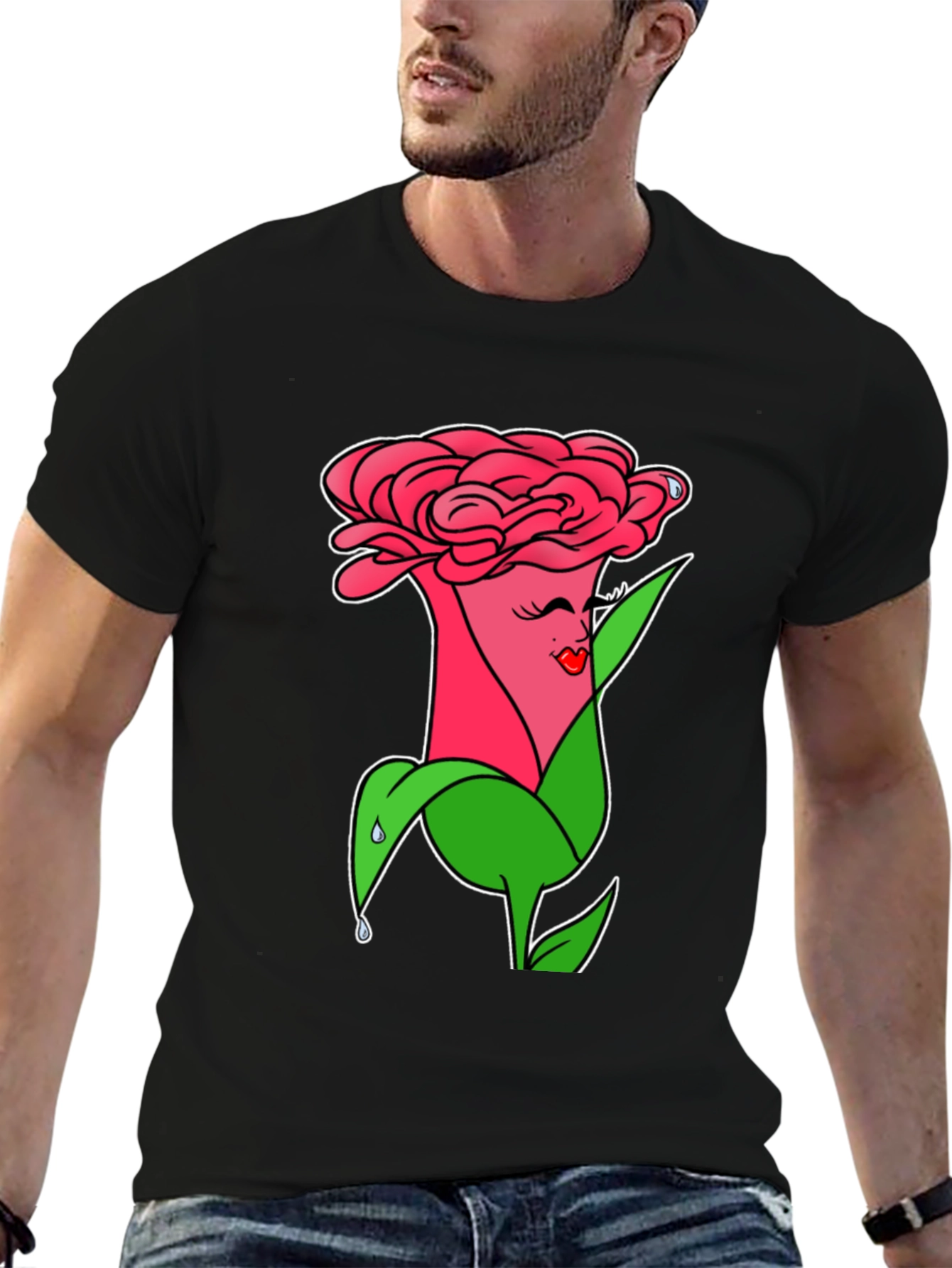 Camiseta Negra con Diseño Floral Animado