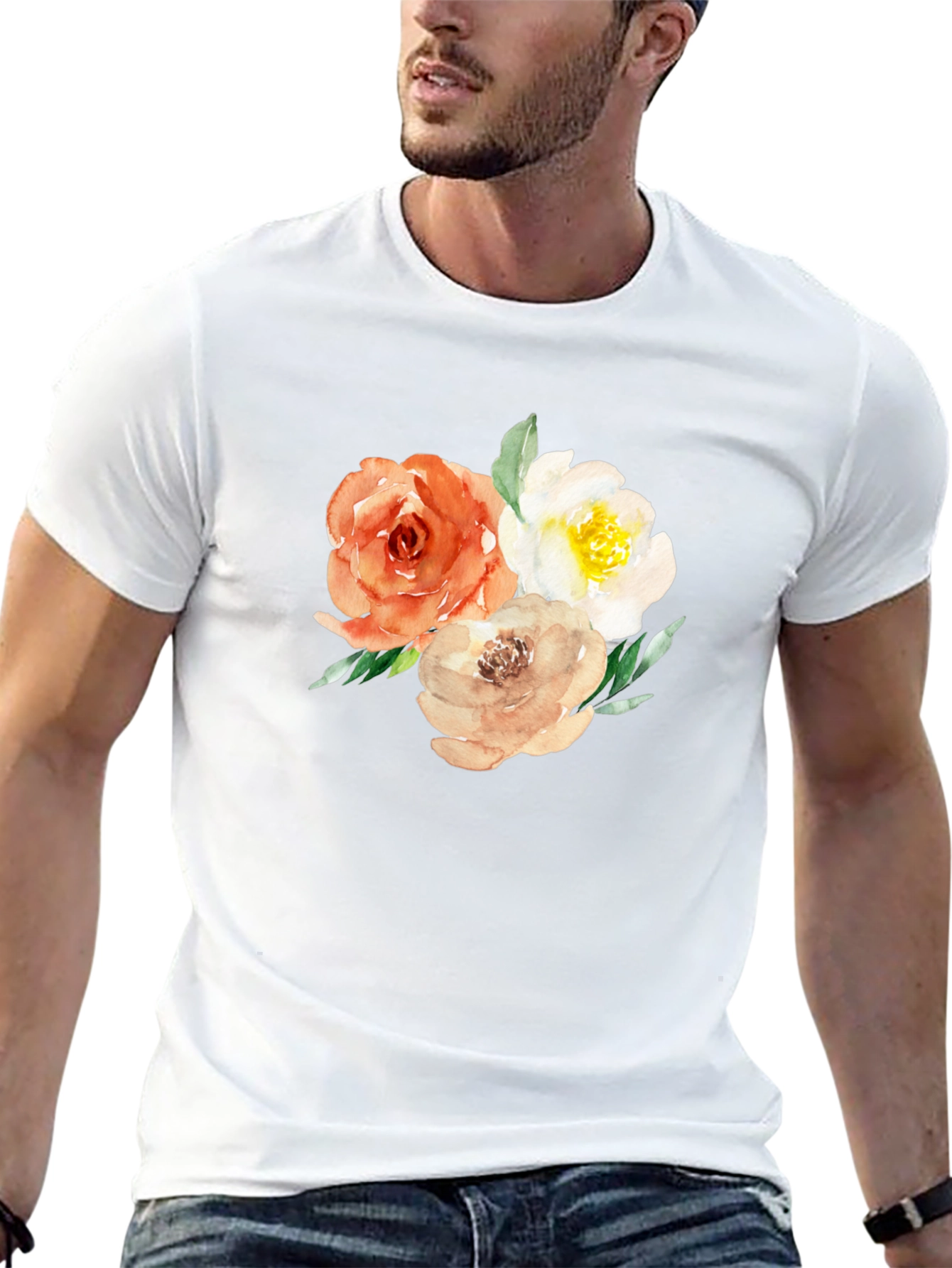 Camiseta Negra con Diseño Floral Acuarela