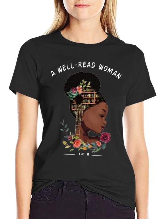 Camiseta Negra con Diseño Mujer Lectora y Flores