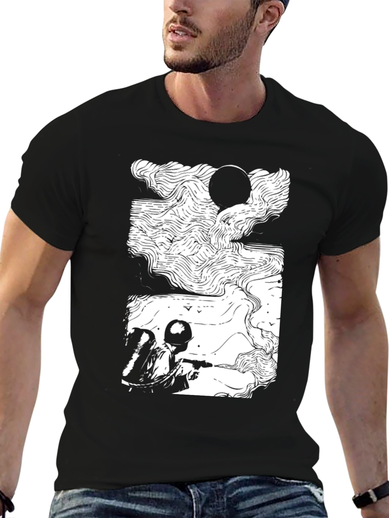 Camiseta Negra con Diseño Abstracto de Soldado