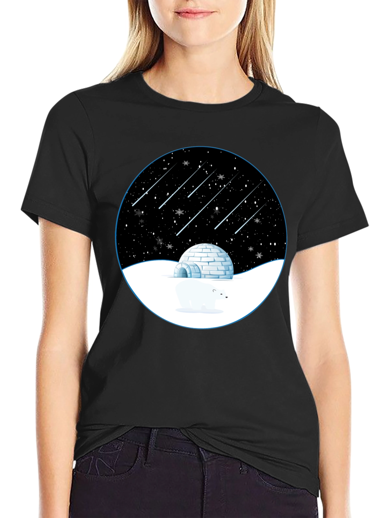 Camiseta Negra con Diseño de Invierno Estrellado