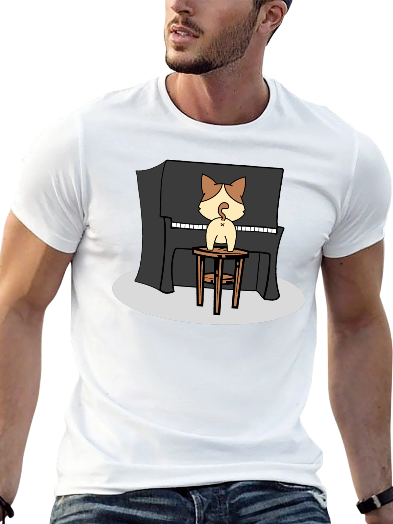 Camiseta Negra con Diseño de Gato Pianista