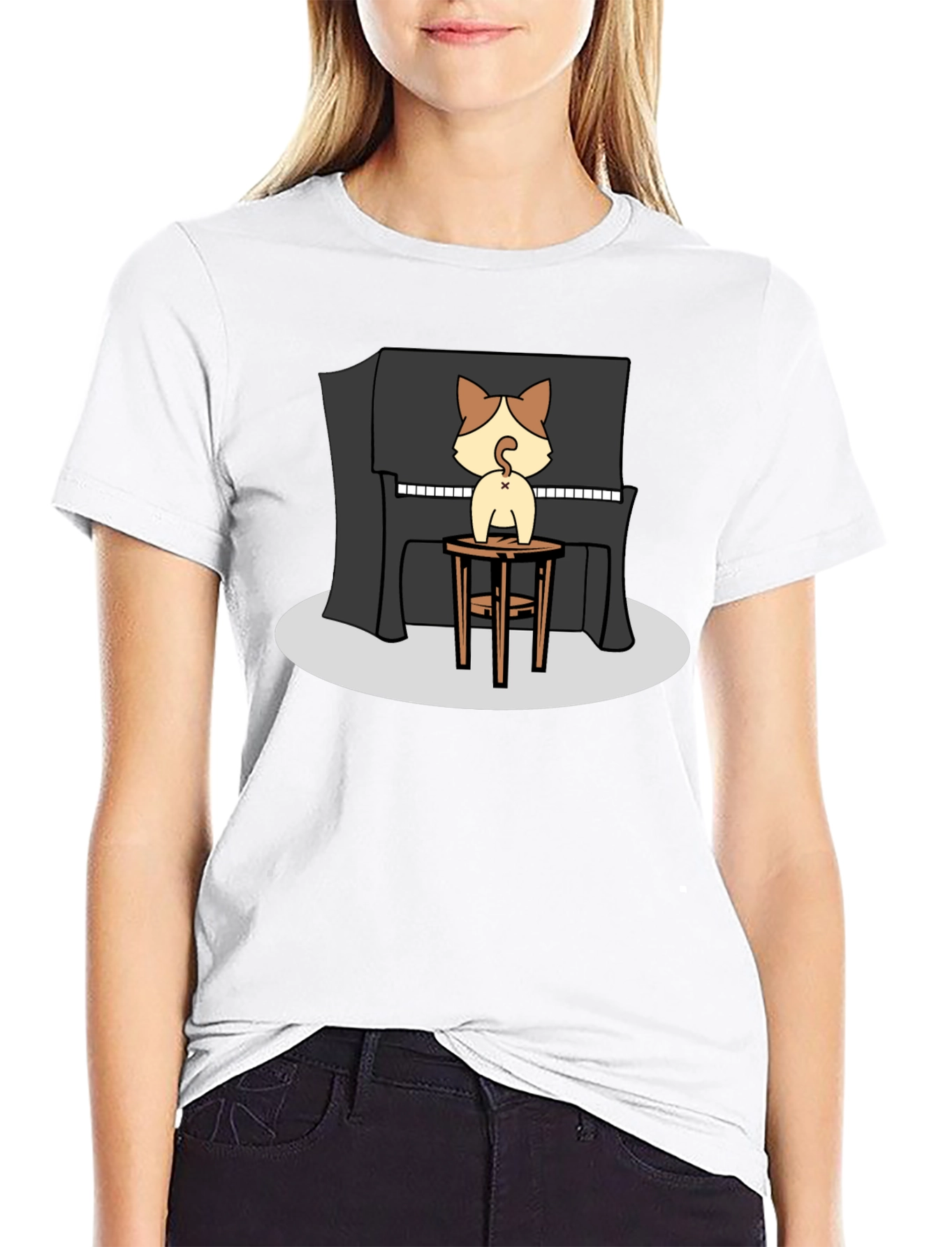 Camiseta Negra con Diseño de Gato Pianista