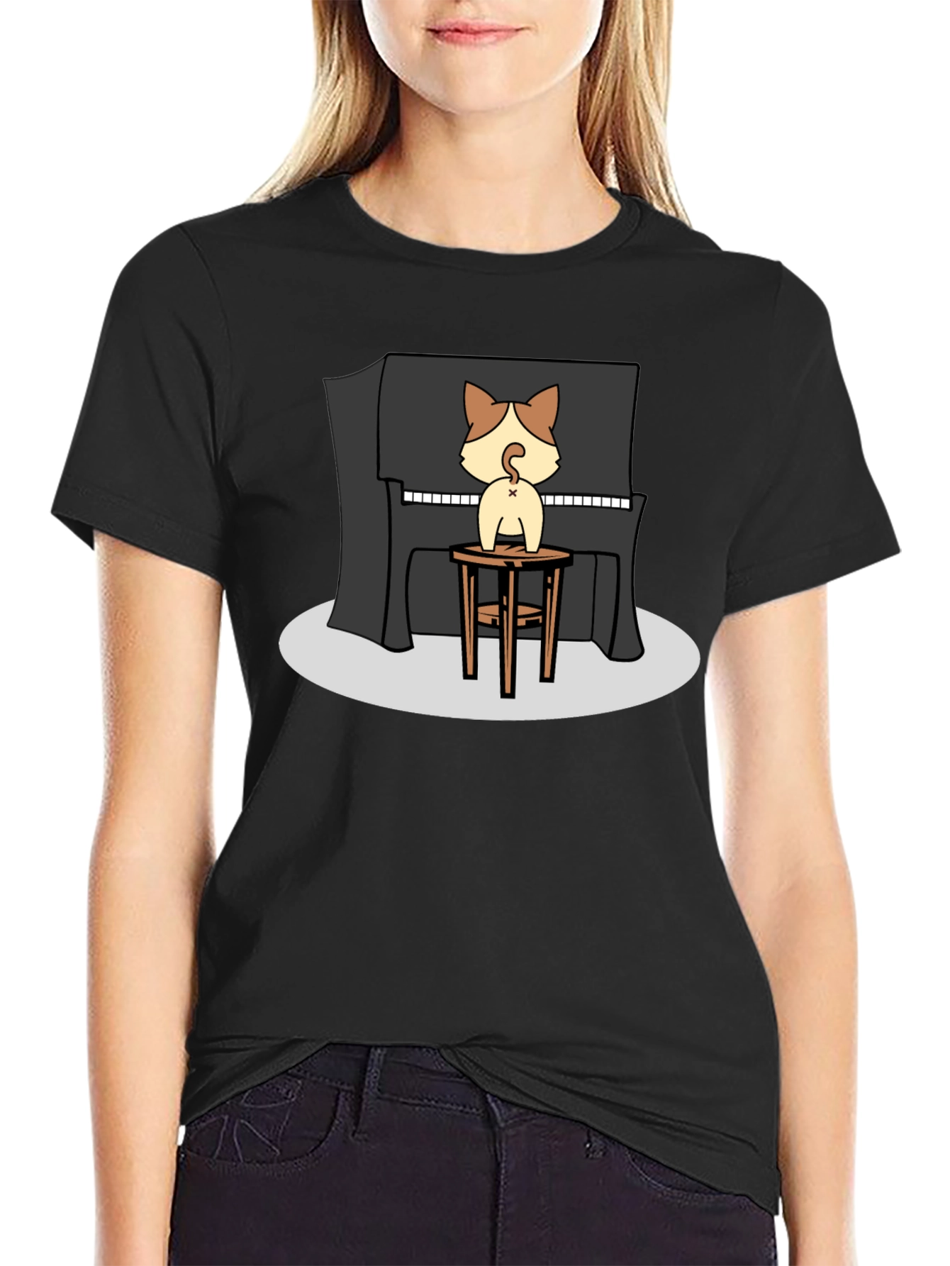 Camiseta Negra con Diseño de Gato Pianista