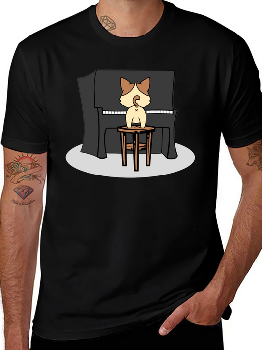 Camiseta Negra con Diseño de Gato Pianista
