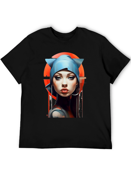 Camiseta Negra con Estampado de Mujer Futurista