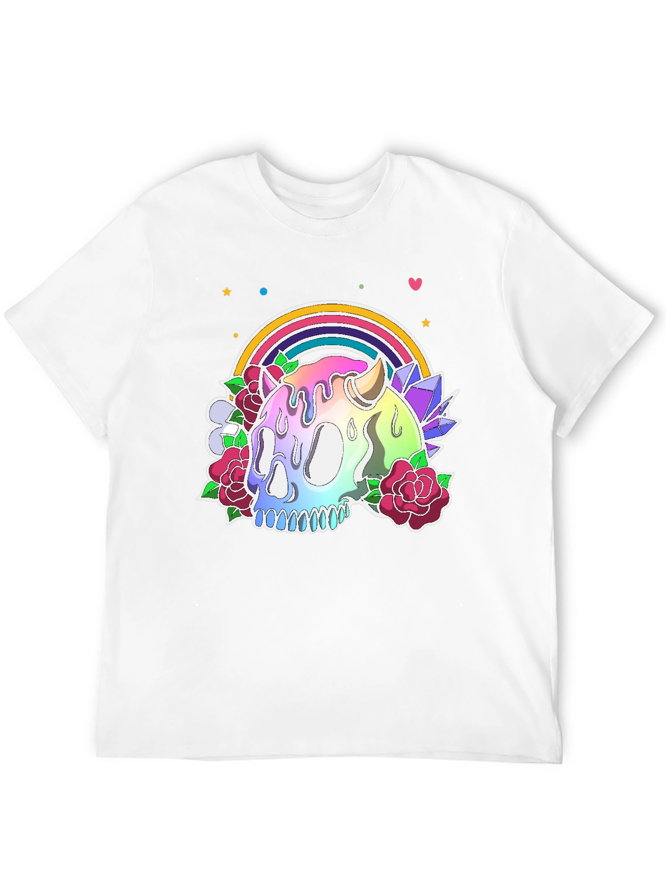 Camiseta Negra con Calavera Arcoíris y Flores
