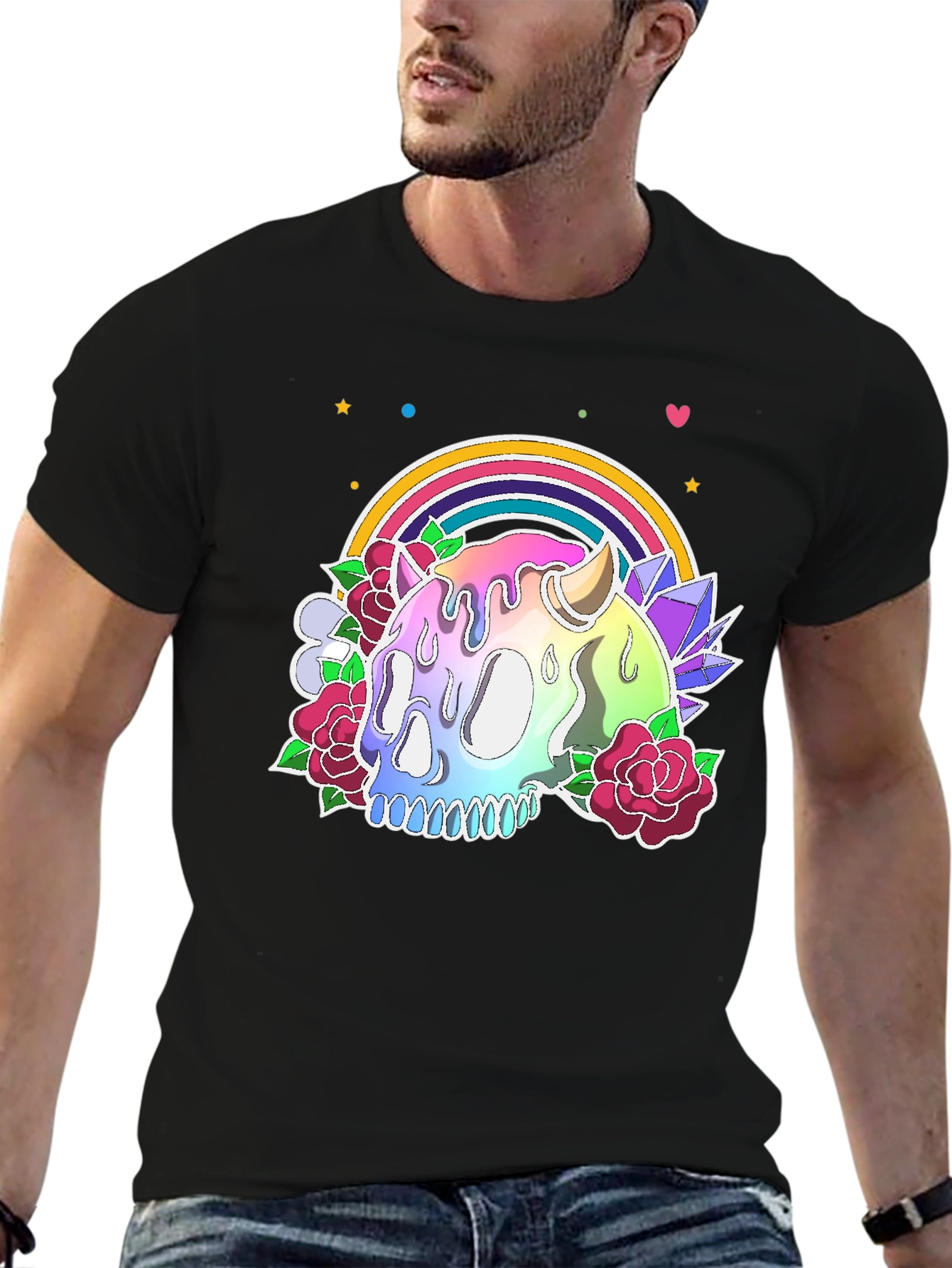 Camiseta Negra con Calavera Arcoíris y Flores