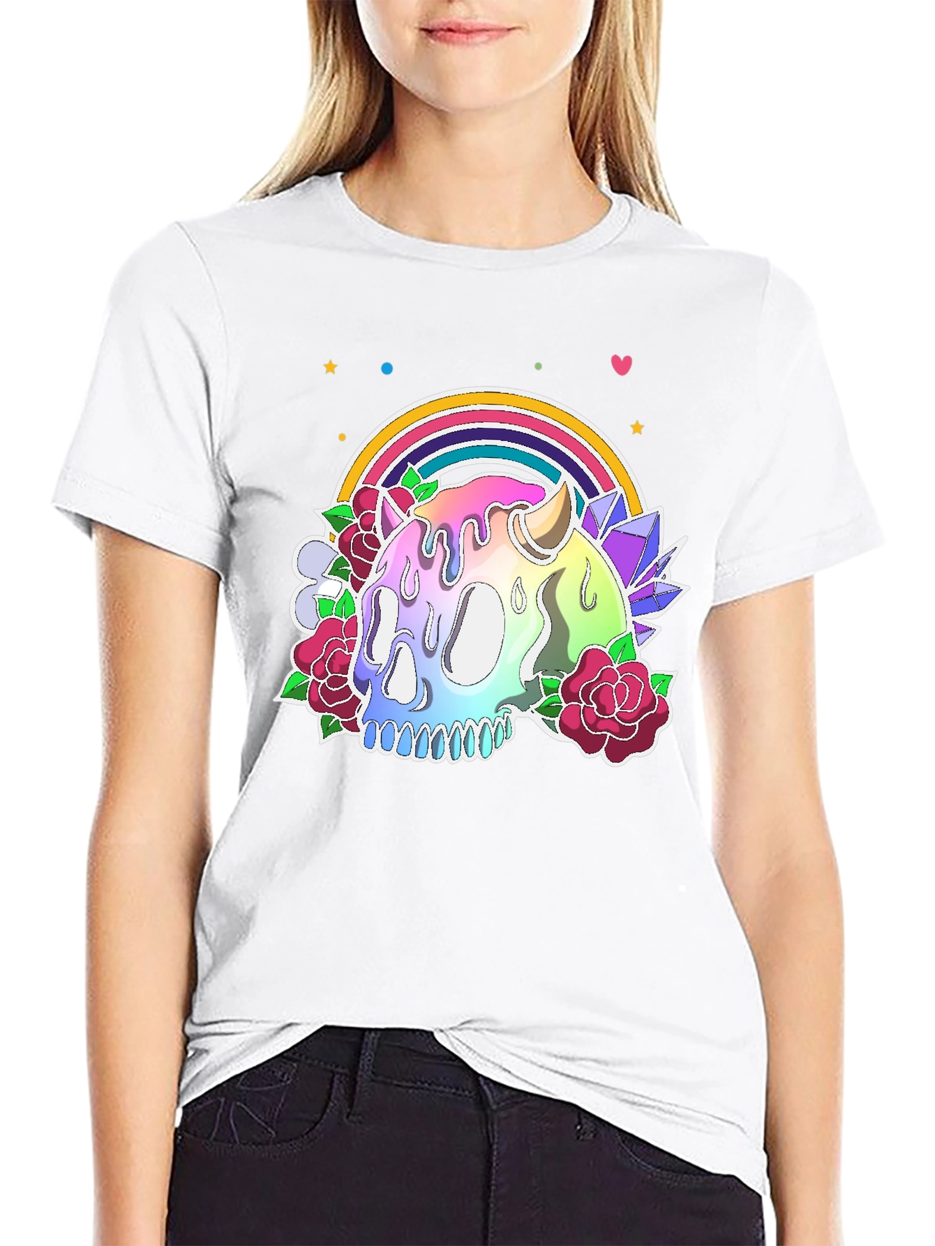 Camiseta Negra con Calavera Arcoíris y Flores