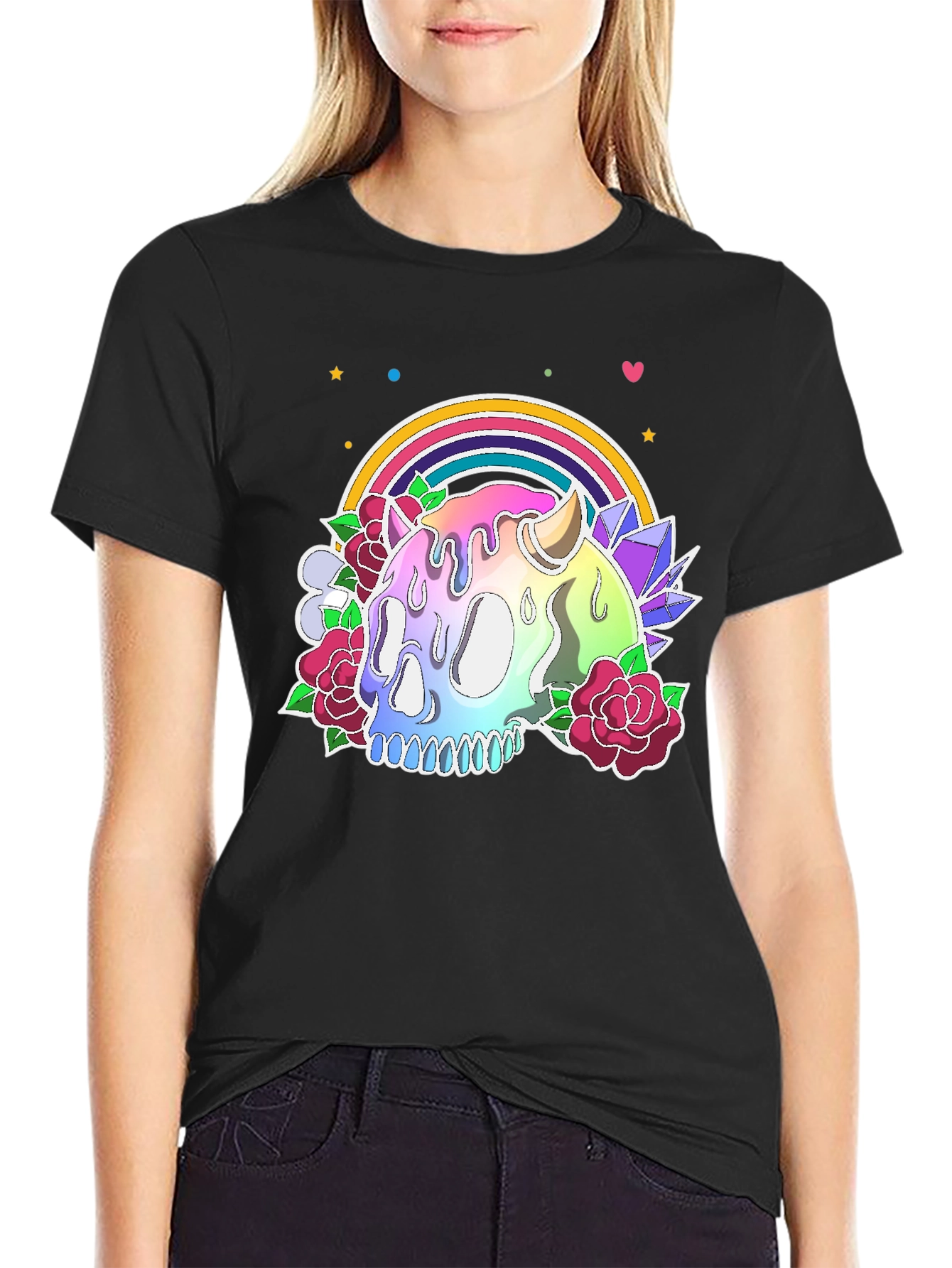 Camiseta Negra con Calavera Arcoíris y Flores