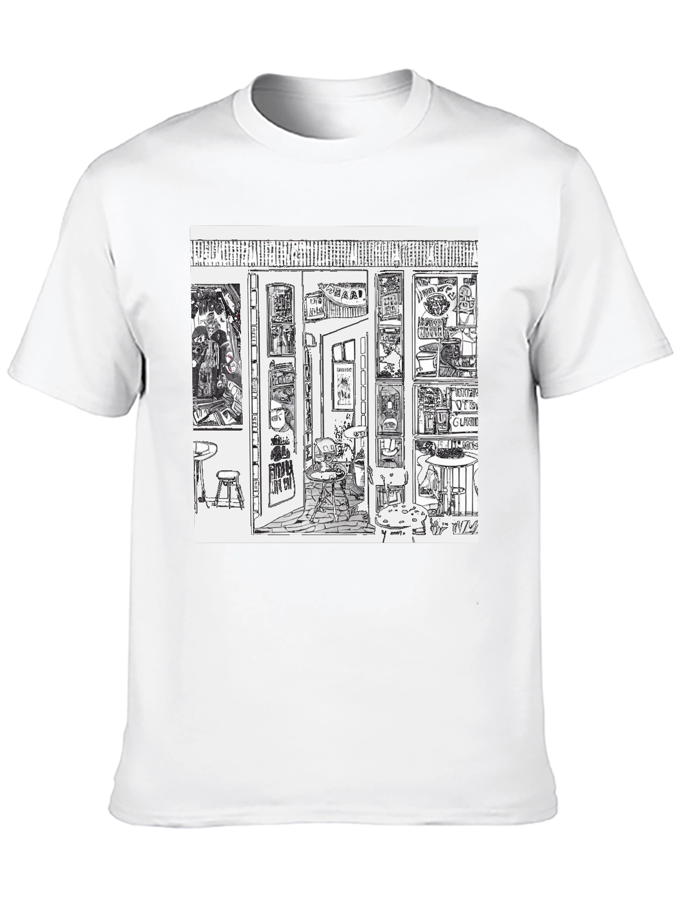 Camiseta Negra con Diseño Gráfico de Bar Artístico