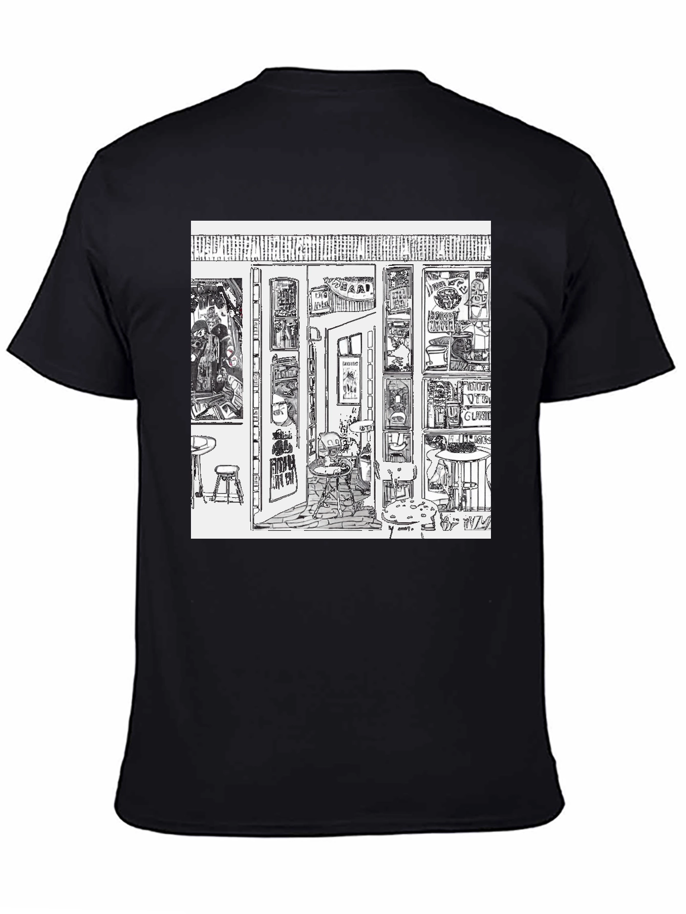 Camiseta Negra con Diseño Gráfico de Bar Artístico