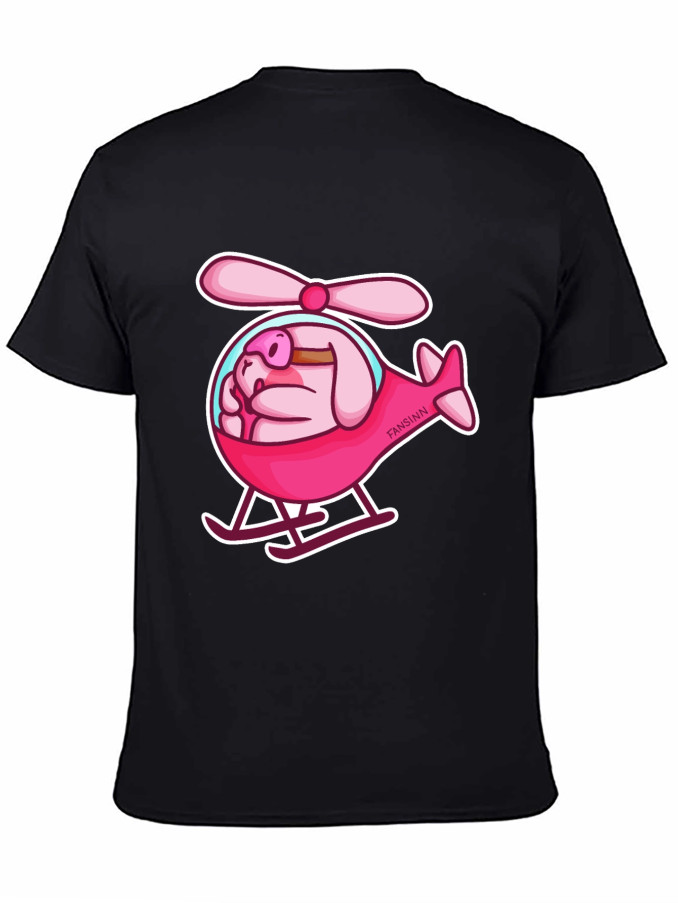 Camiseta Negra con Diseño Divertido de Cerdo Helicóptero