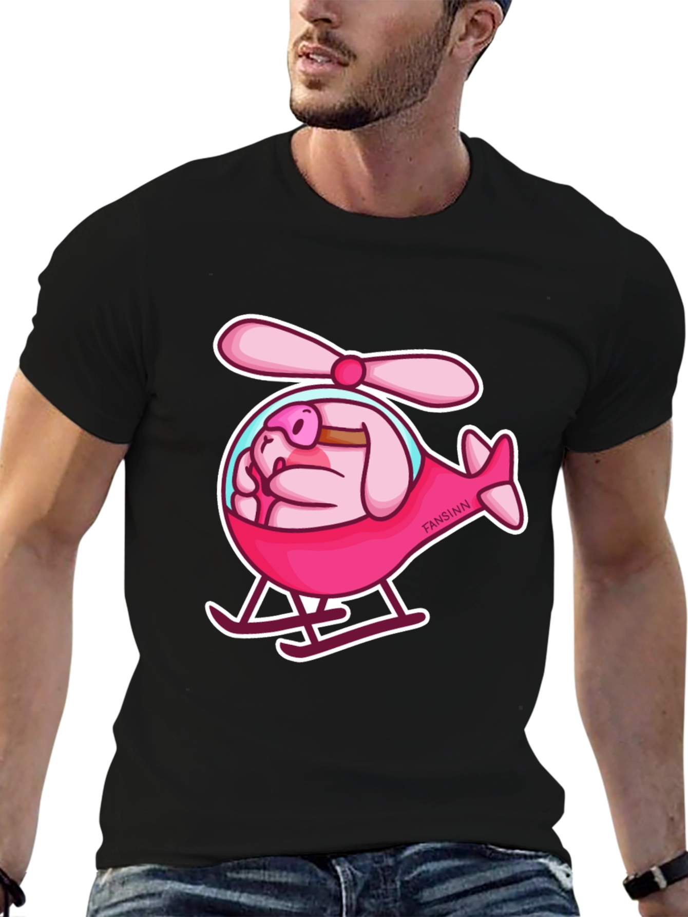 Camiseta Negra con Diseño Divertido de Cerdo Helicóptero
