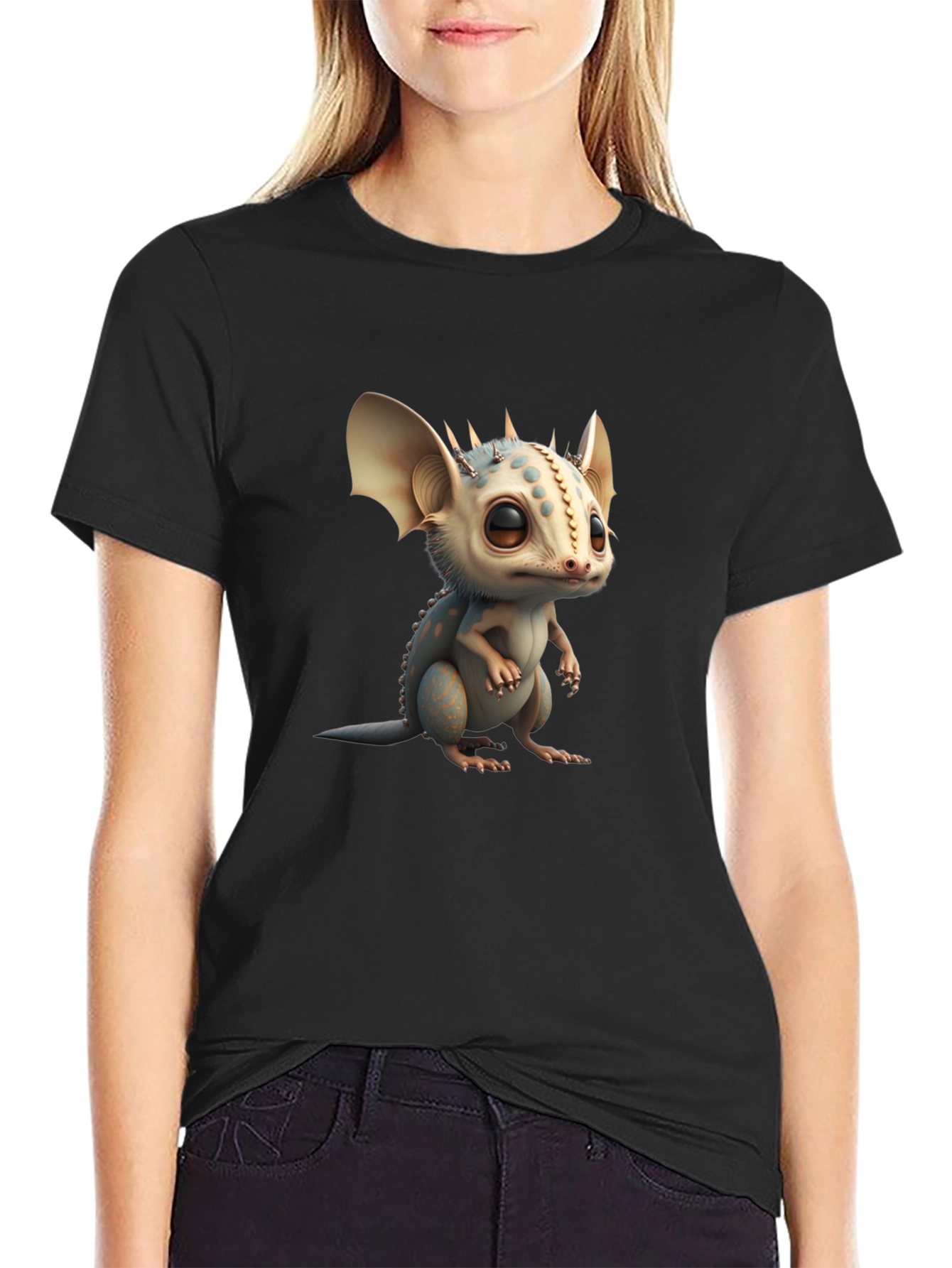 Camiseta Negra con Adorable Dragón de Dibujos Animados