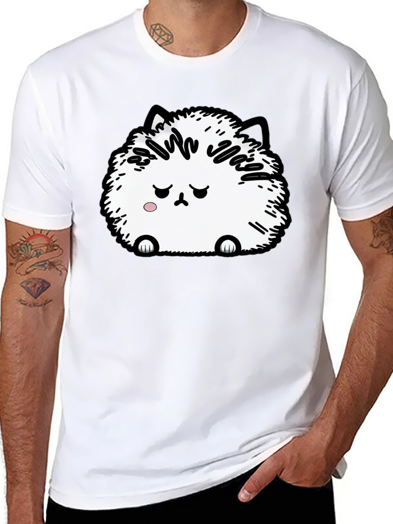 Camiseta Negra con Adorable Gato Peludo Triste