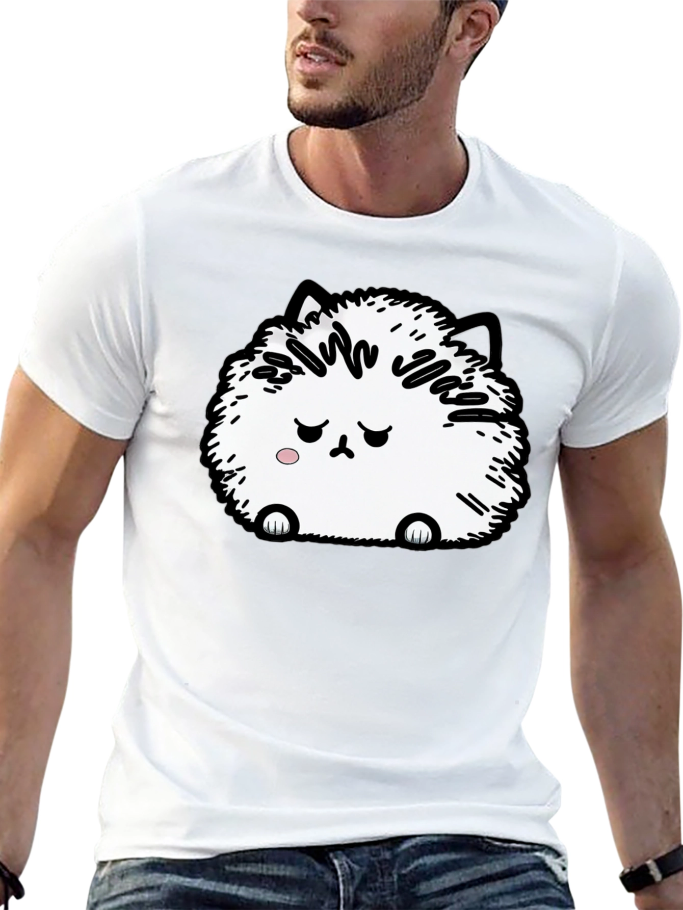Camiseta Negra con Adorable Gato Peludo Triste