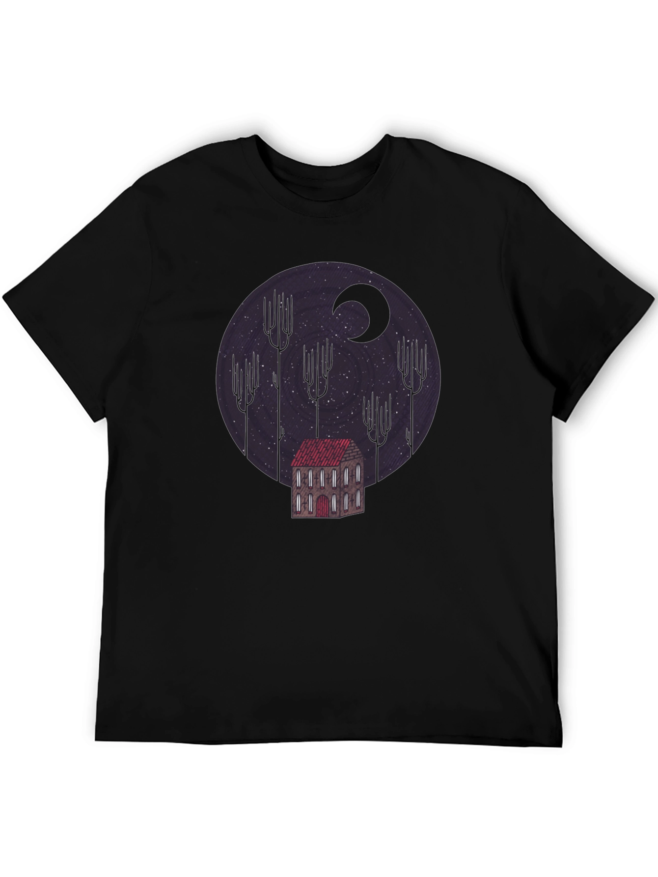 Camiseta Negra Diseño Noche Estrellada y Casa Misteriosa