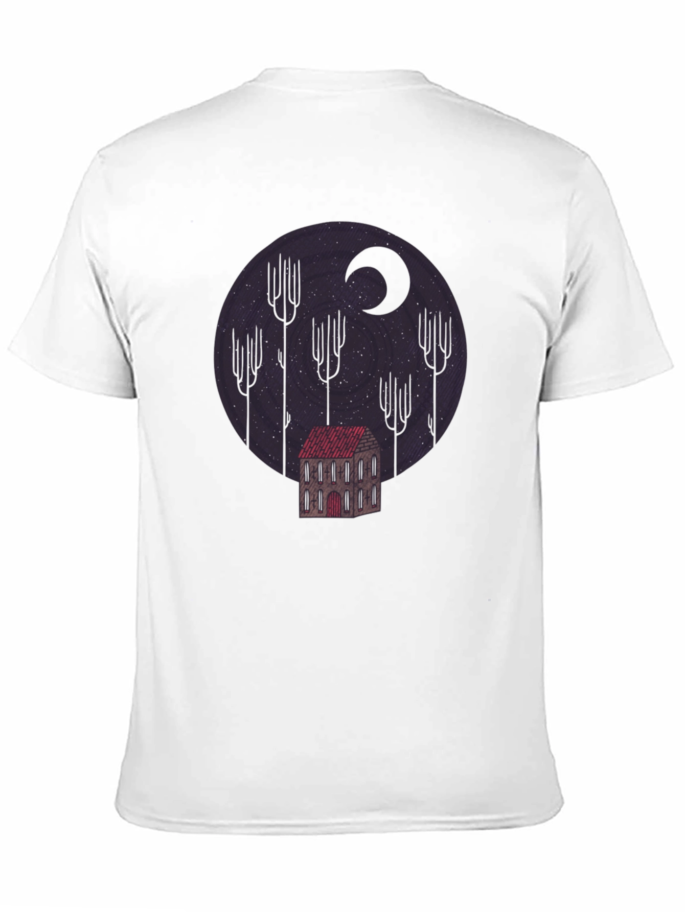 Camiseta Negra Diseño Noche Estrellada y Casa Misteriosa