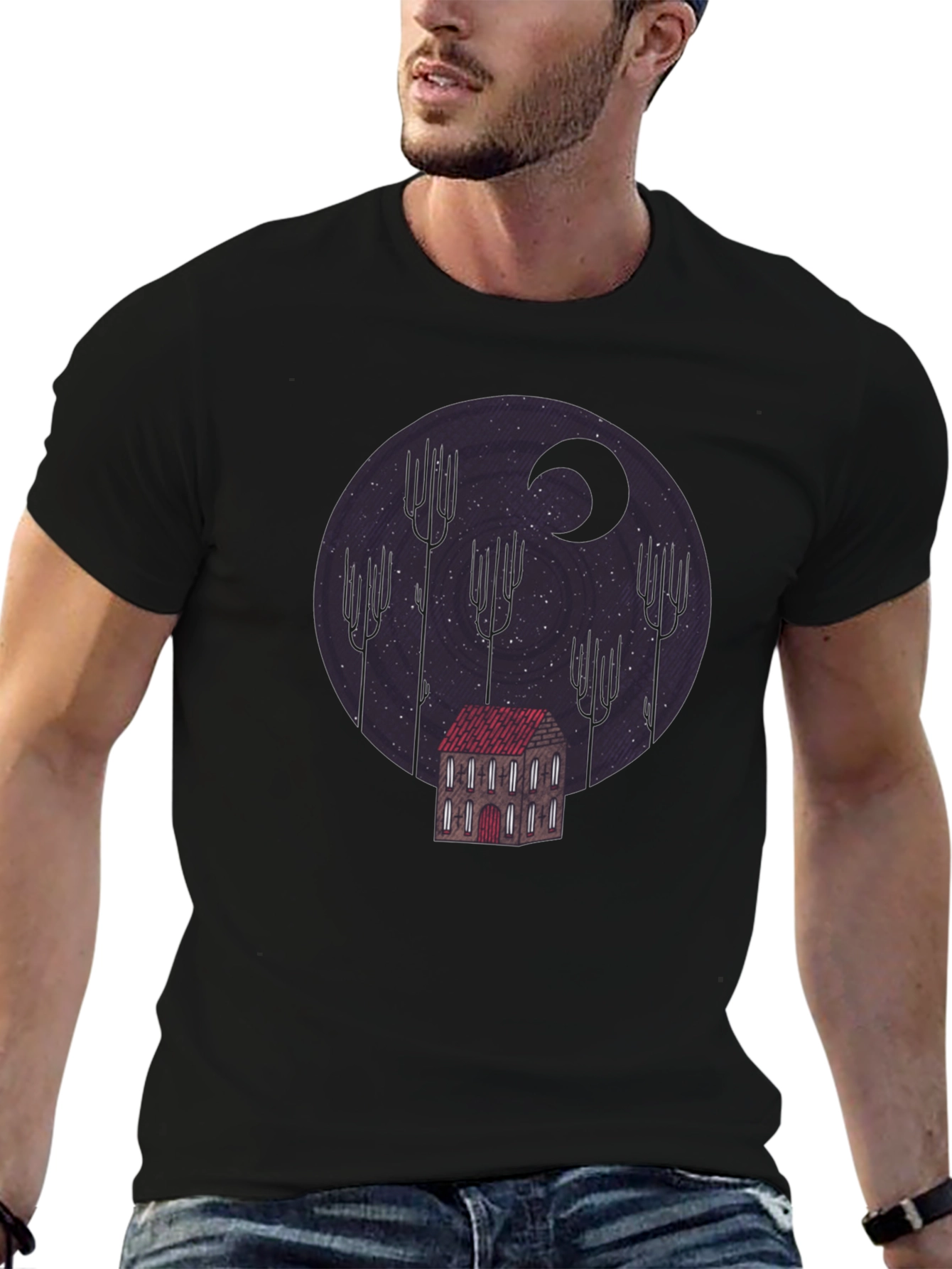 Camiseta Negra Diseño Noche Estrellada y Casa Misteriosa