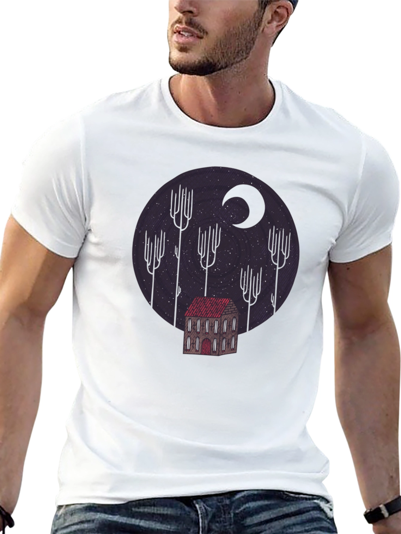 Camiseta Negra Diseño Noche Estrellada y Casa Misteriosa