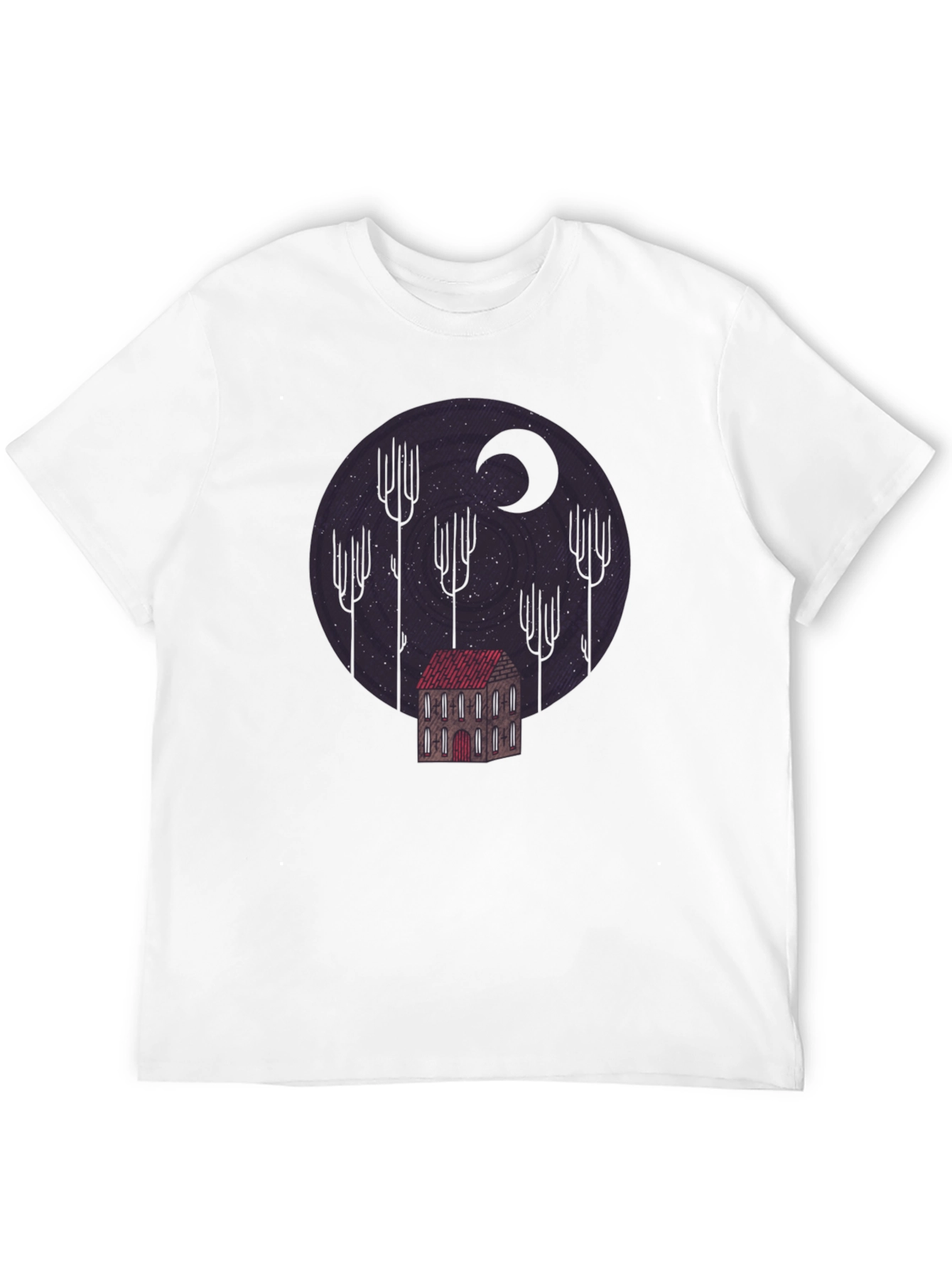 Camiseta Negra Diseño Noche Estrellada y Casa Misteriosa