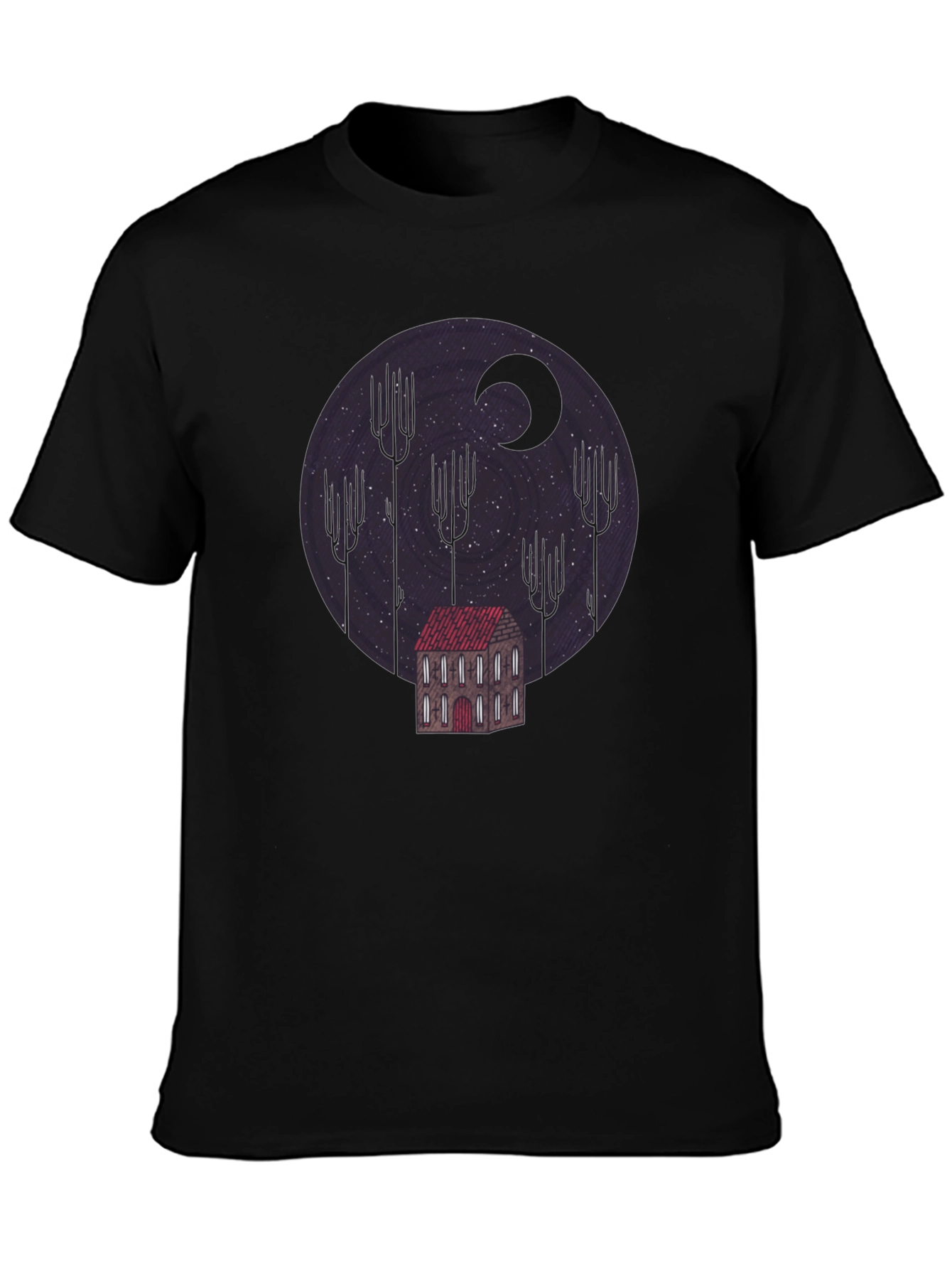 Camiseta Negra Diseño Noche Estrellada y Casa Misteriosa