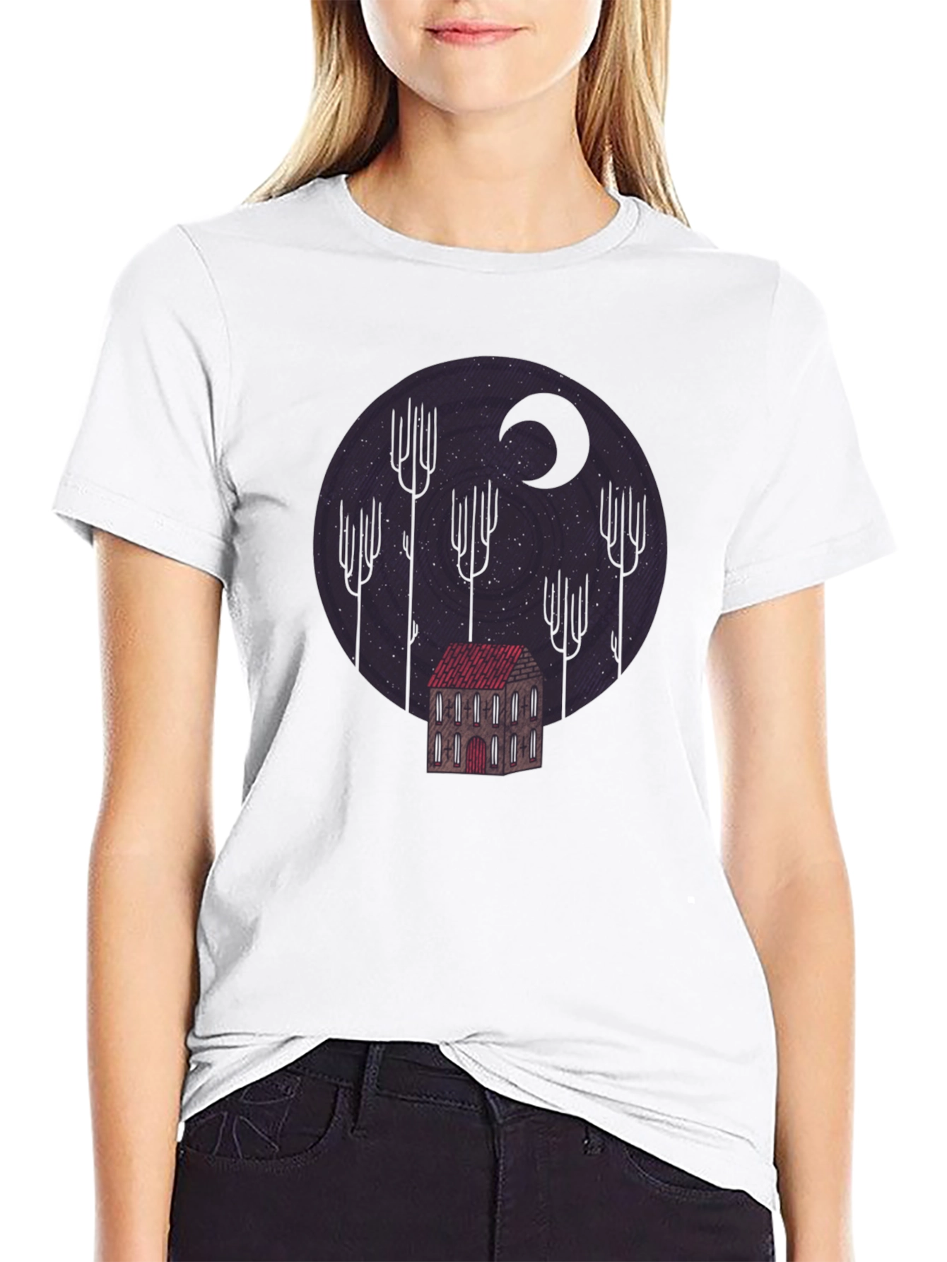 Camiseta Negra Diseño Noche Estrellada y Casa Misteriosa