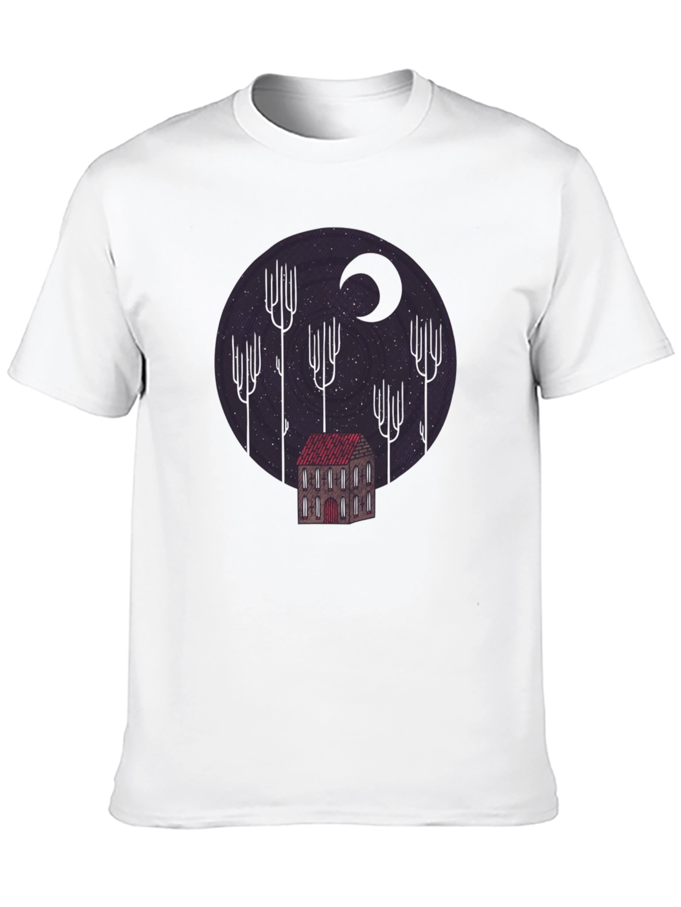 Camiseta Negra Diseño Noche Estrellada y Casa Misteriosa