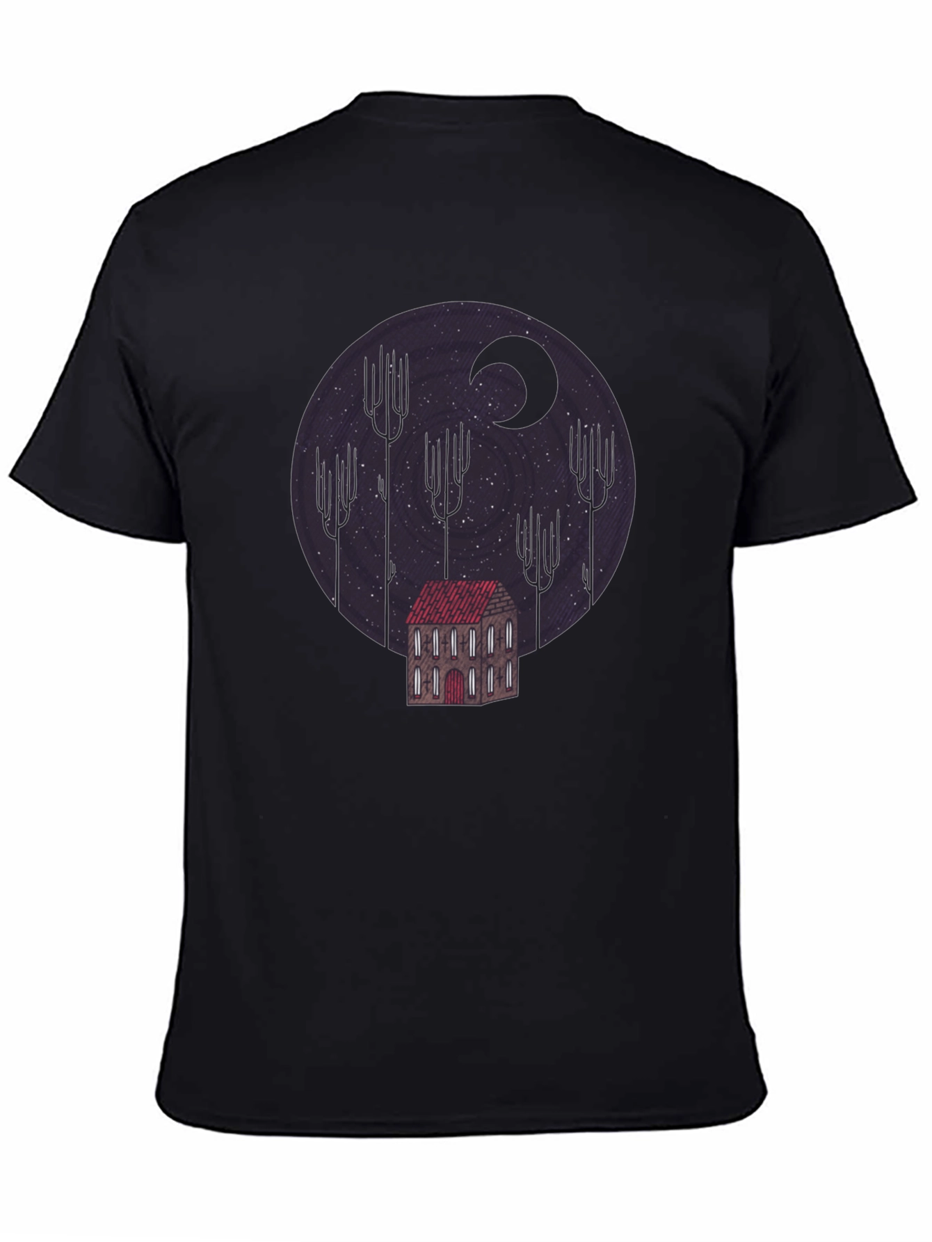 Camiseta Negra Diseño Noche Estrellada y Casa Misteriosa
