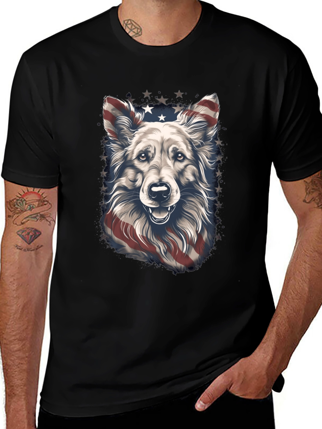 Camiseta Negra con Diseño de Perro Patriótico