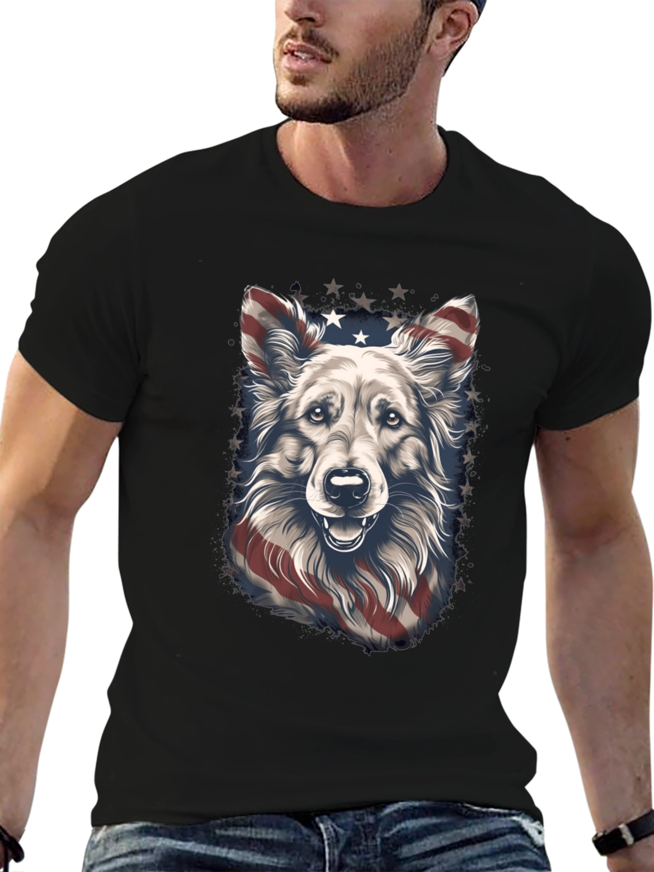 Camiseta Negra con Diseño de Perro Patriótico