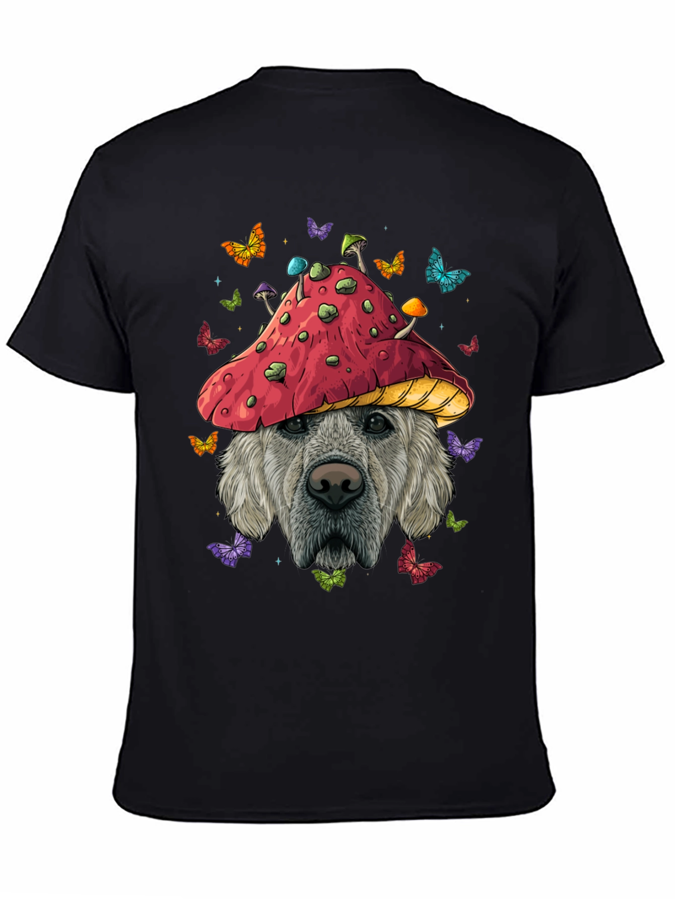 Camiseta Negra con Diseño de Perro y Hongo