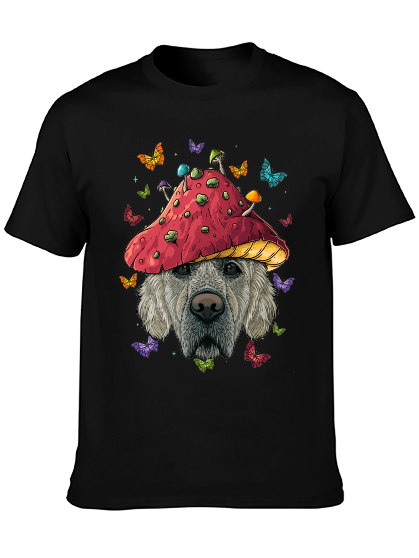 Camiseta Negra con Diseño de Perro y Hongo