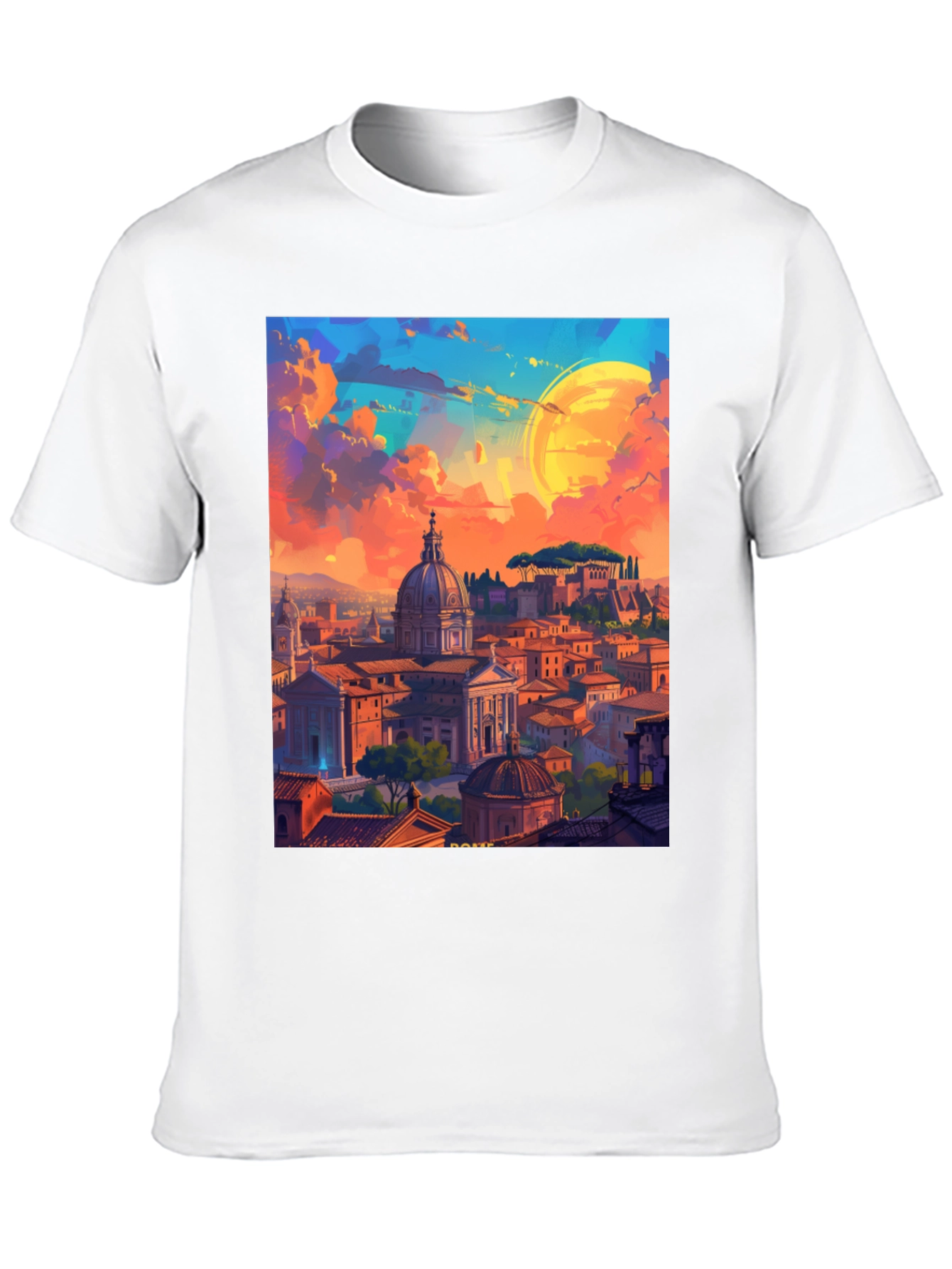Camiseta Negra Impresión Artística Roma al Atardecer