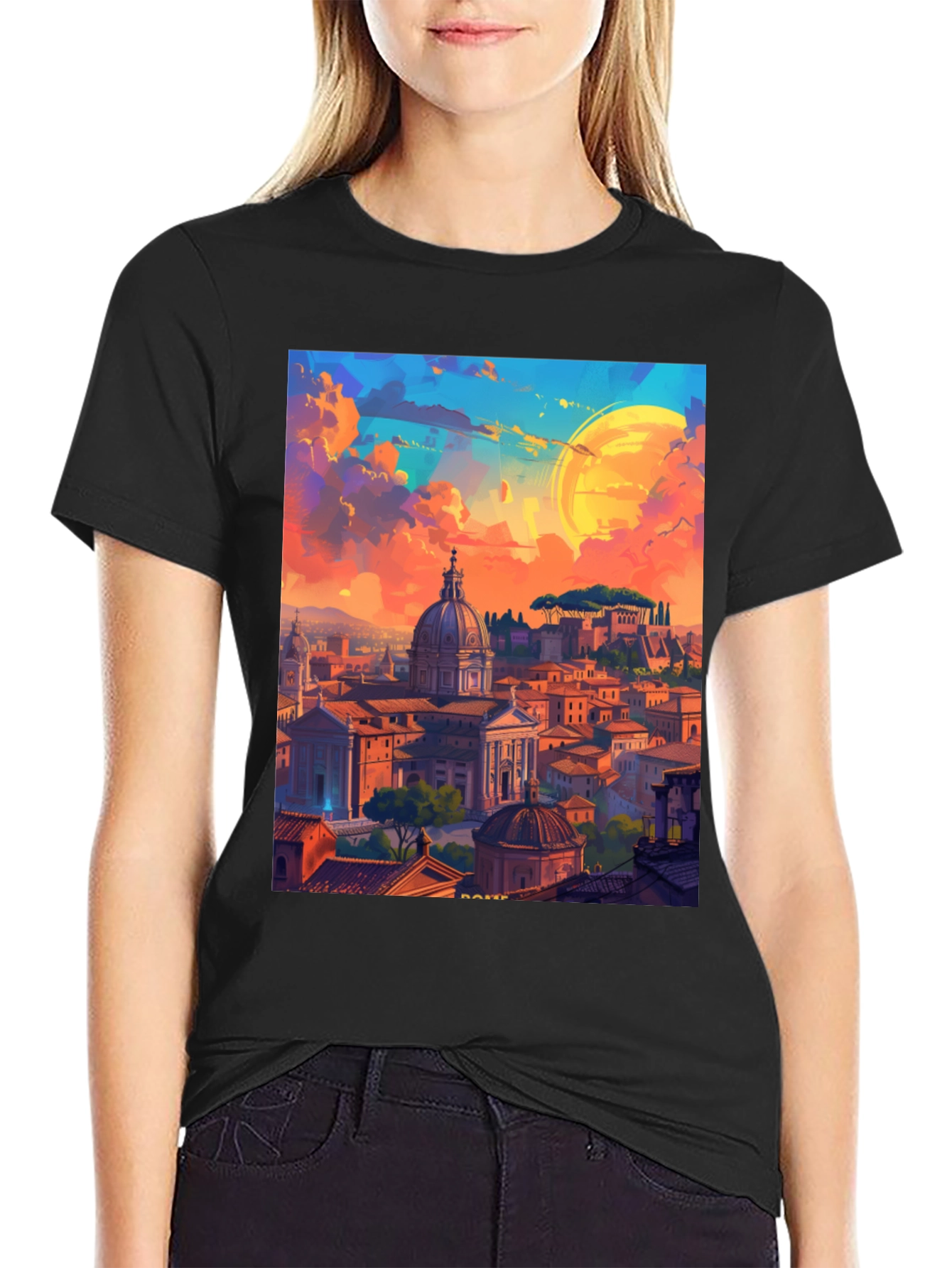 Camiseta Negra Impresión Artística Roma al Atardecer